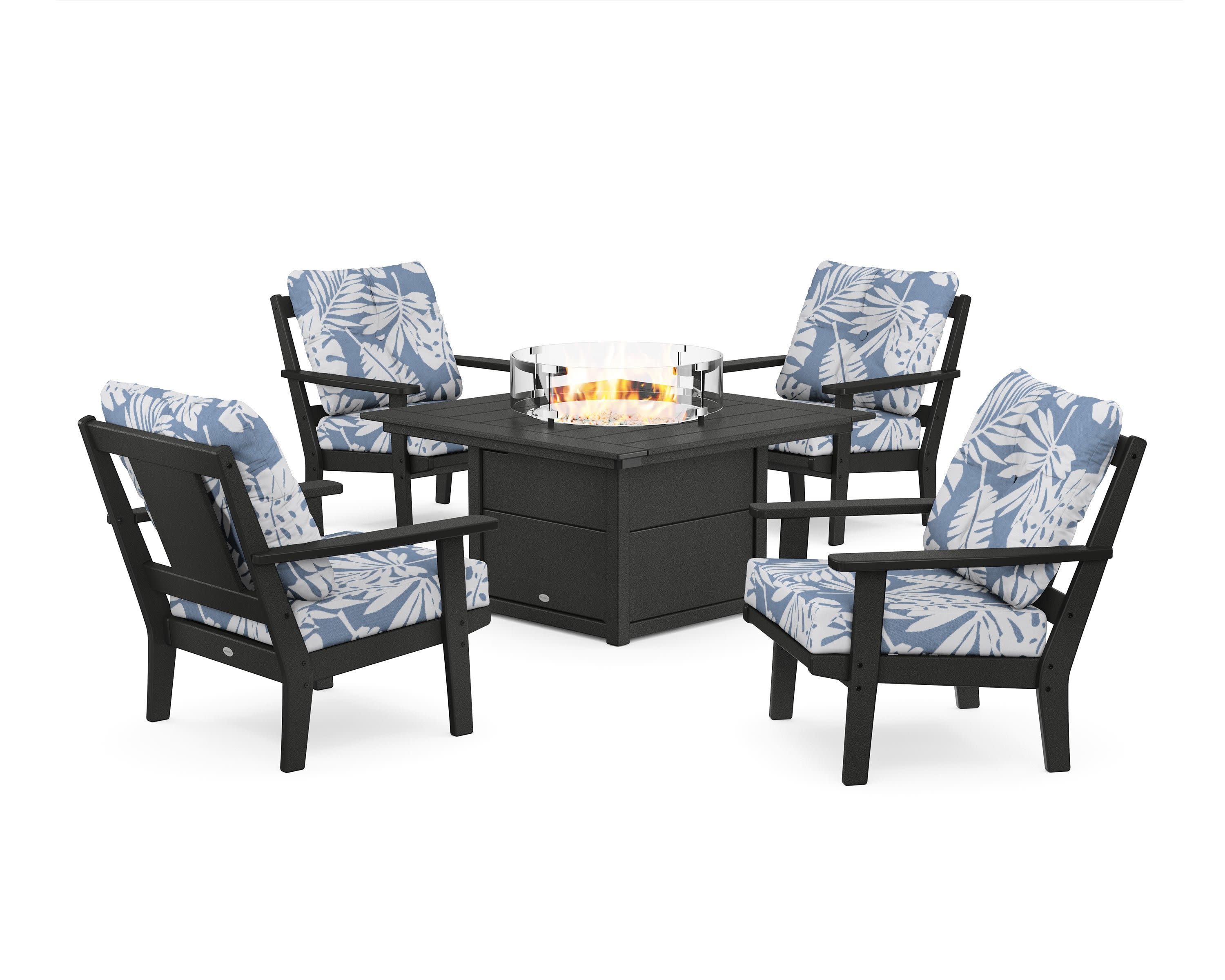 Prairie 5-Piece Deep Seating Set with Fire Pit Table in Black / Leaf Sky Blue