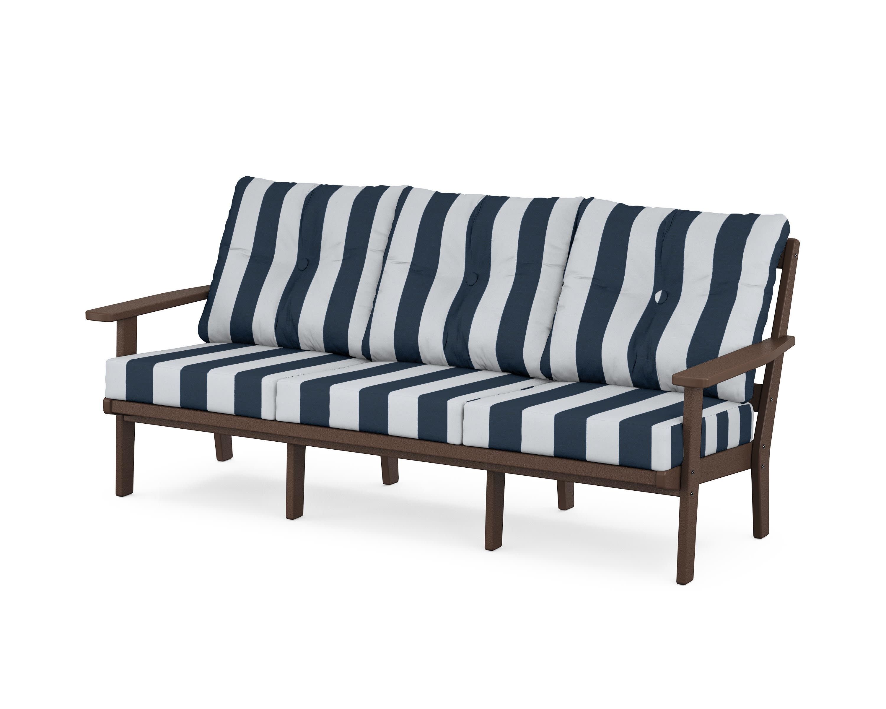 PrairieDeep Seating Sofa in Mahogany / Cabana Stripe Marine Indigo