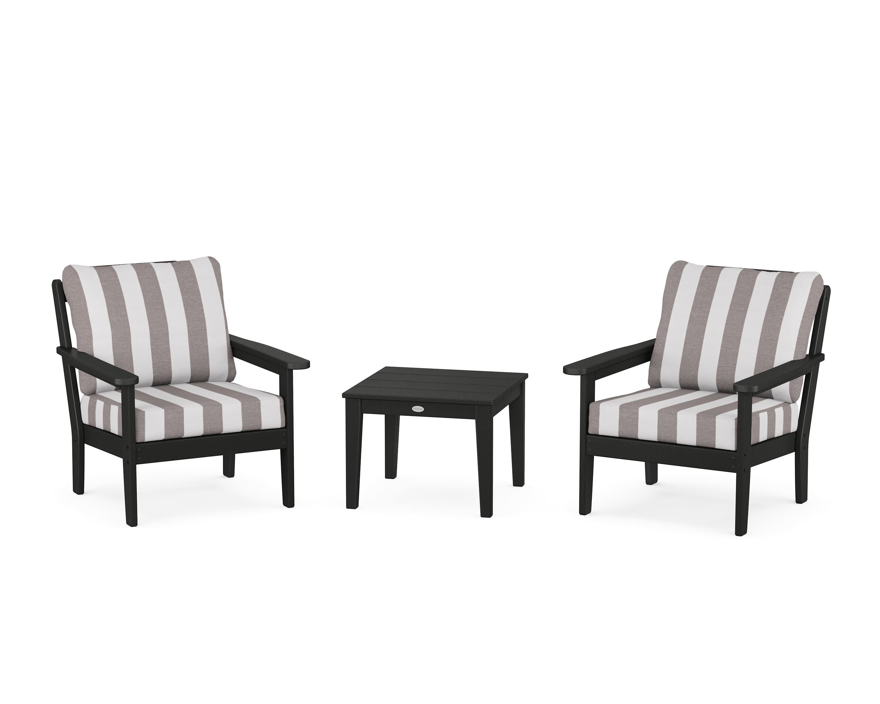 Cottage 3-Piece Deep Seating Set in Black / Cabana Stripe Grey Mist