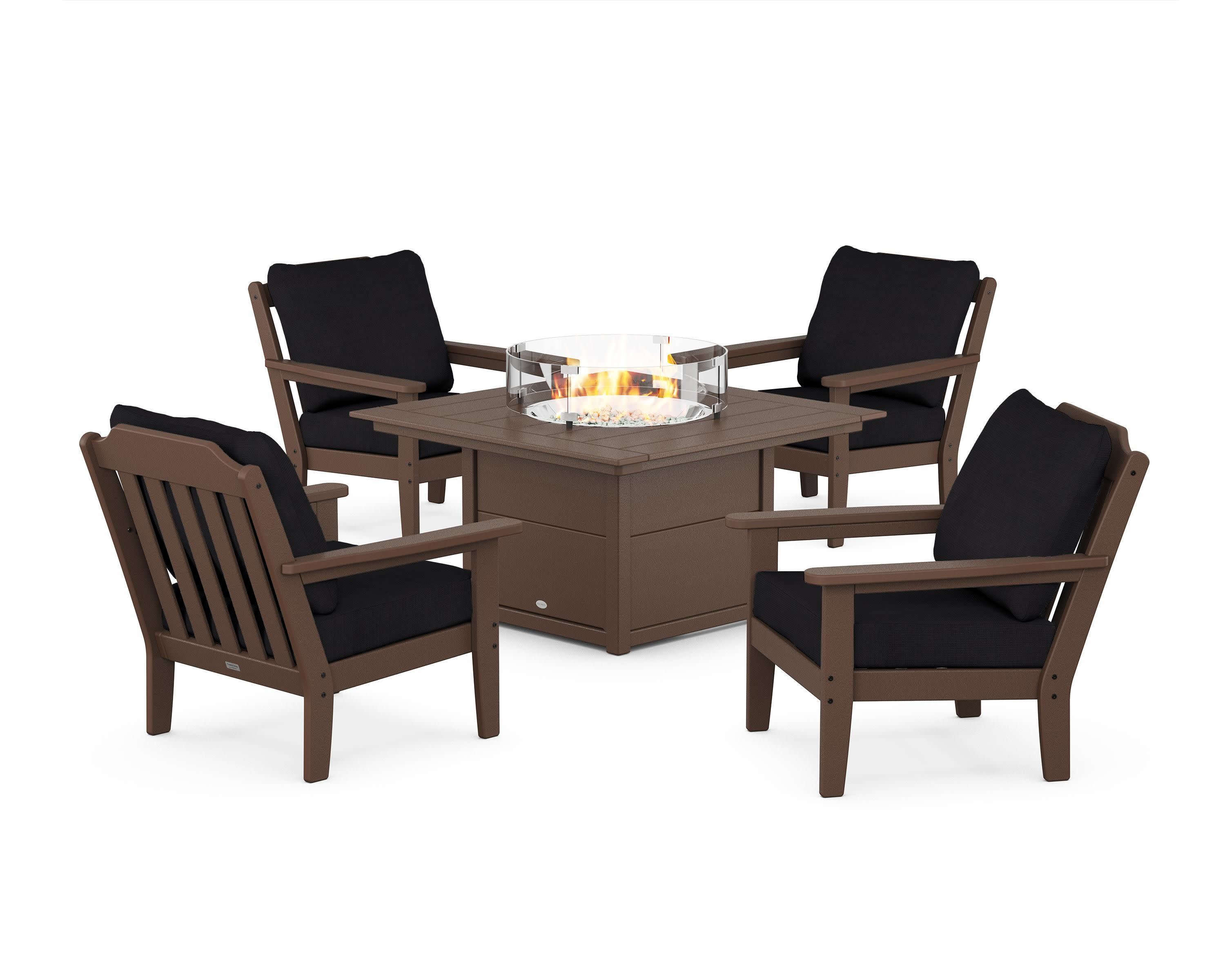 Cottage 5-Piece Deep Seating Set with Fire Pit Table in Mahogany / Midnight Linen