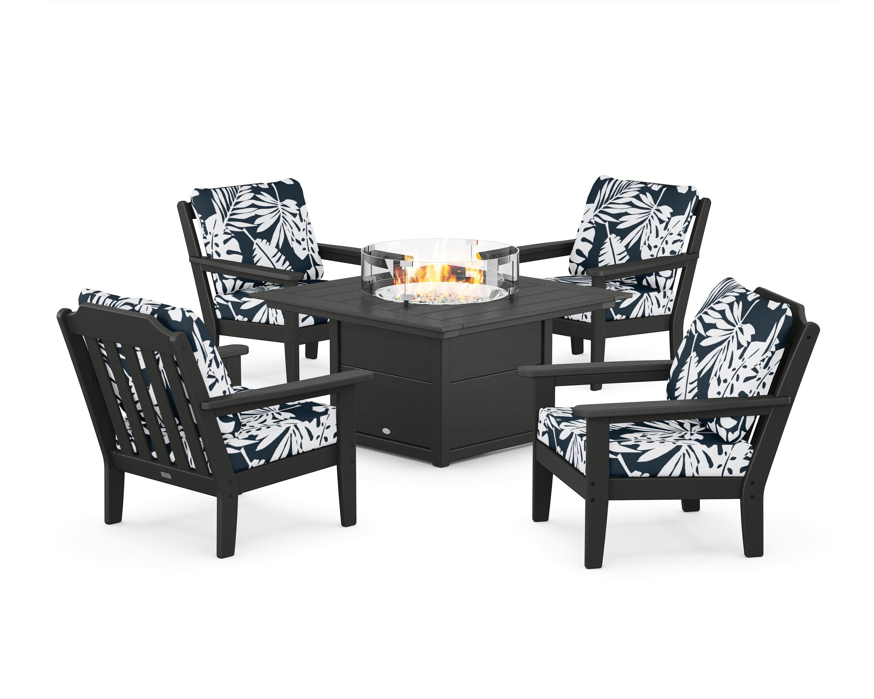 Cottage 5-Piece Deep Seating Set with Fire Pit Table in Black / Leaf Marine Indigo