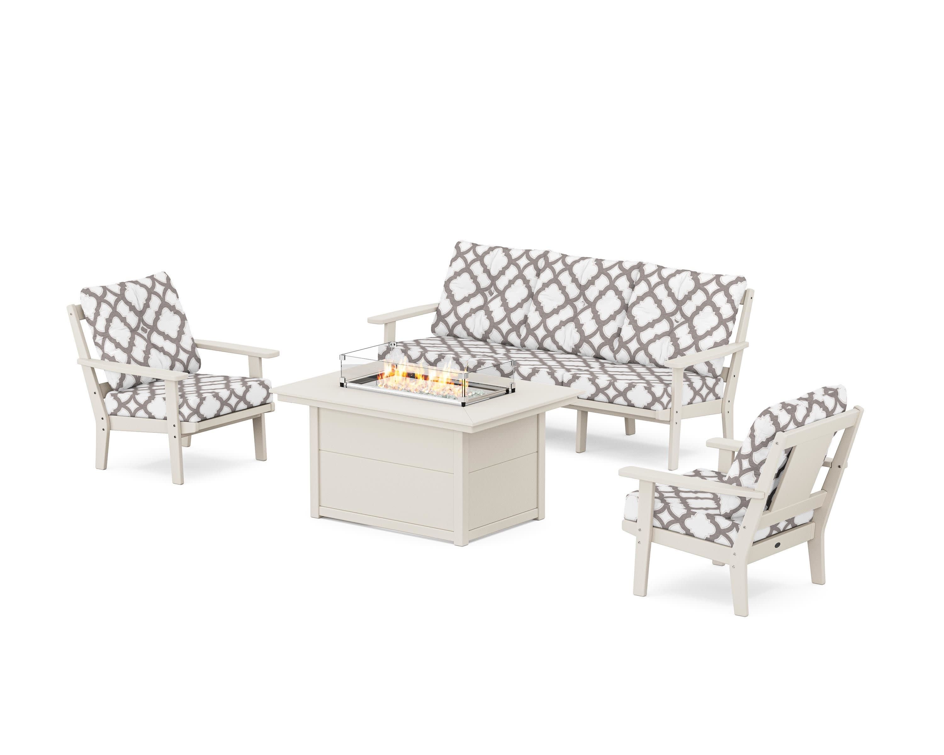 Prairie Deep Seating Fire Pit Table Set in Sand / Trellis Grey Mist