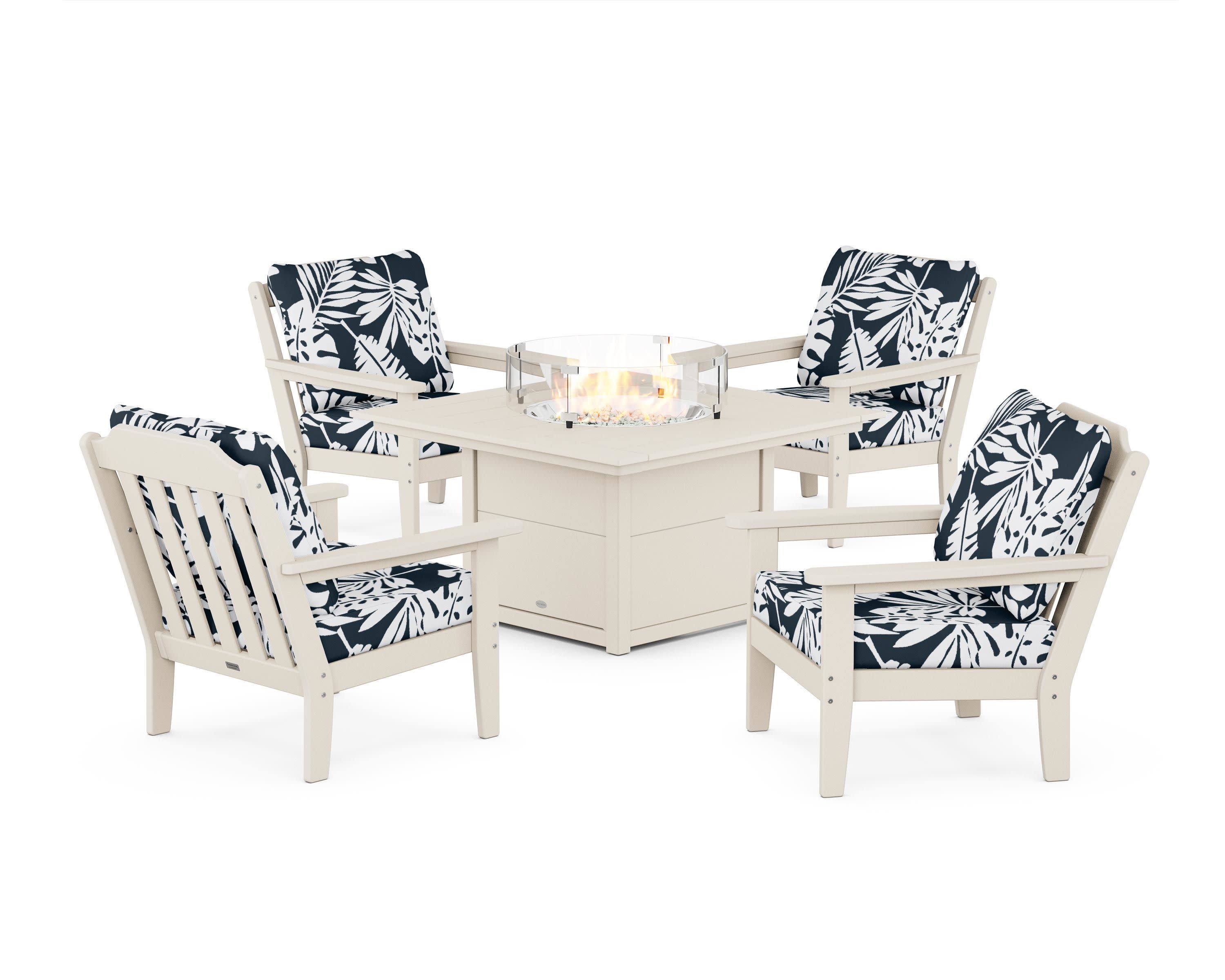 Cottage 5-Piece Deep Seating Set with Fire Pit Table in Sand / Leaf Marine Indigo