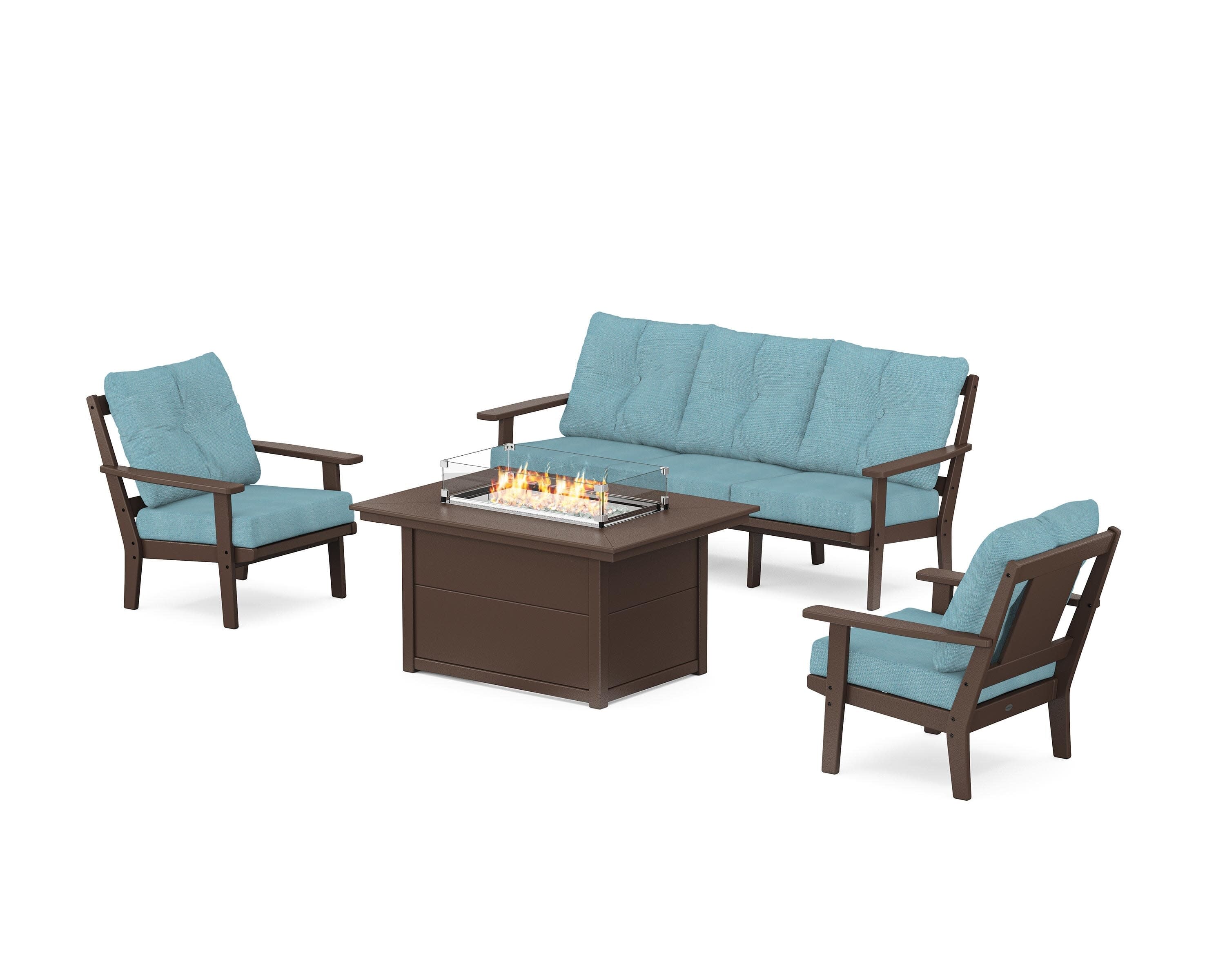 Prairie Deep Seating Fire Pit Table Set in Mahogany / Lattice Sky Blue