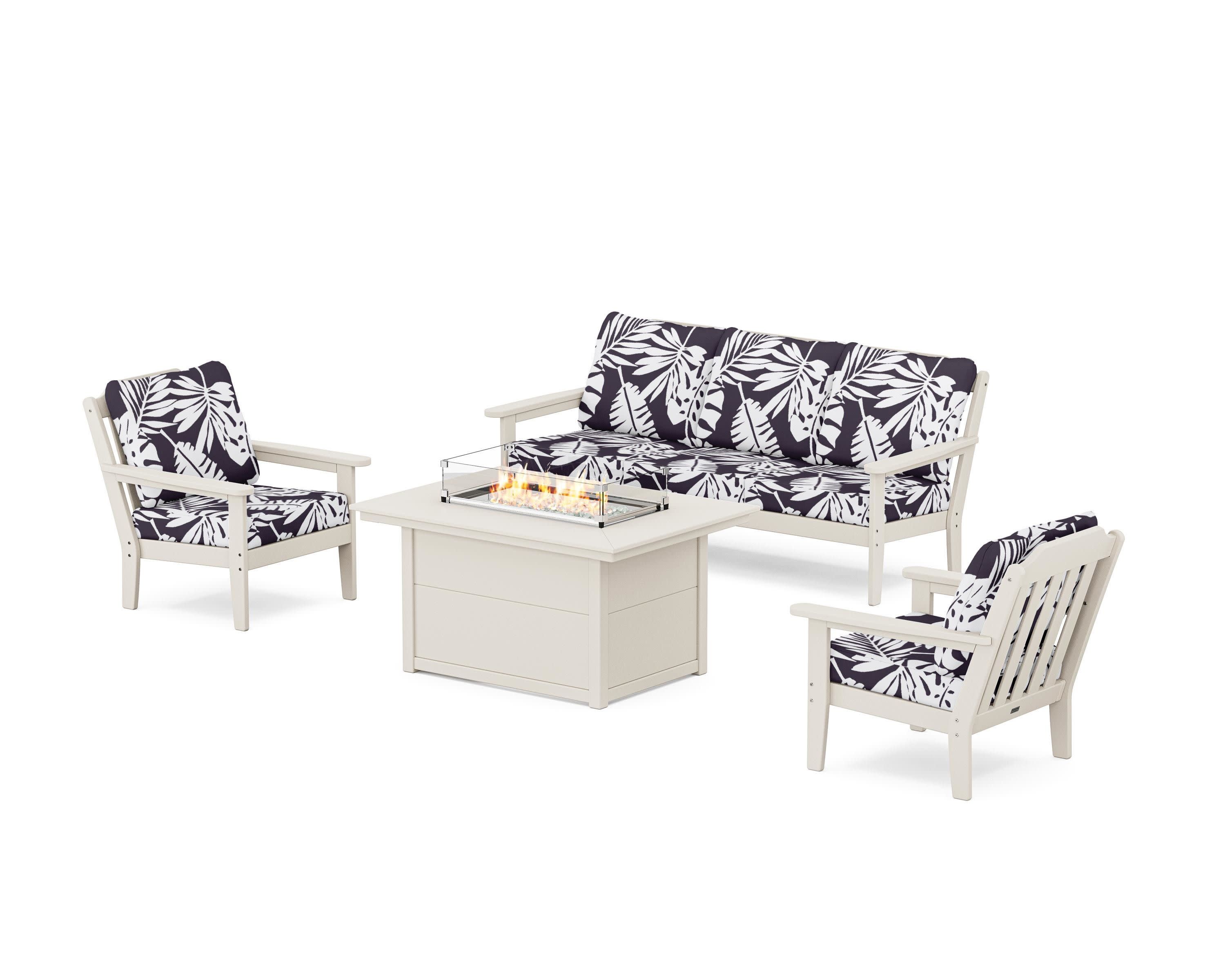 Cottage Deep Seating Fire Pit Table Set in Sand / Leaf Navy