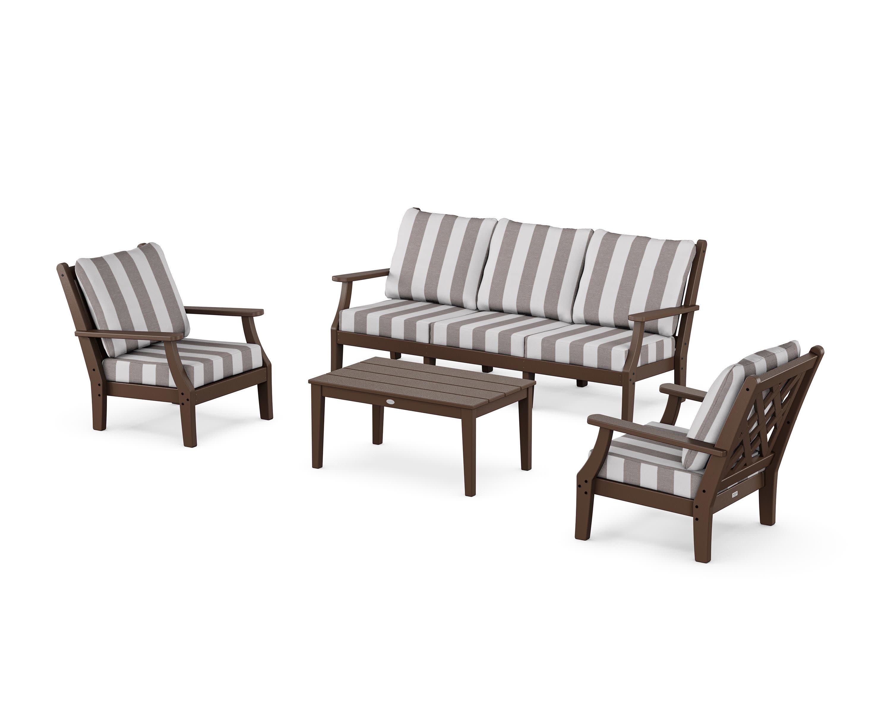 Wovendale 4-Piece Deep Seating Set with Sofa in Mahogany / Cabana Stripe Grey Mist