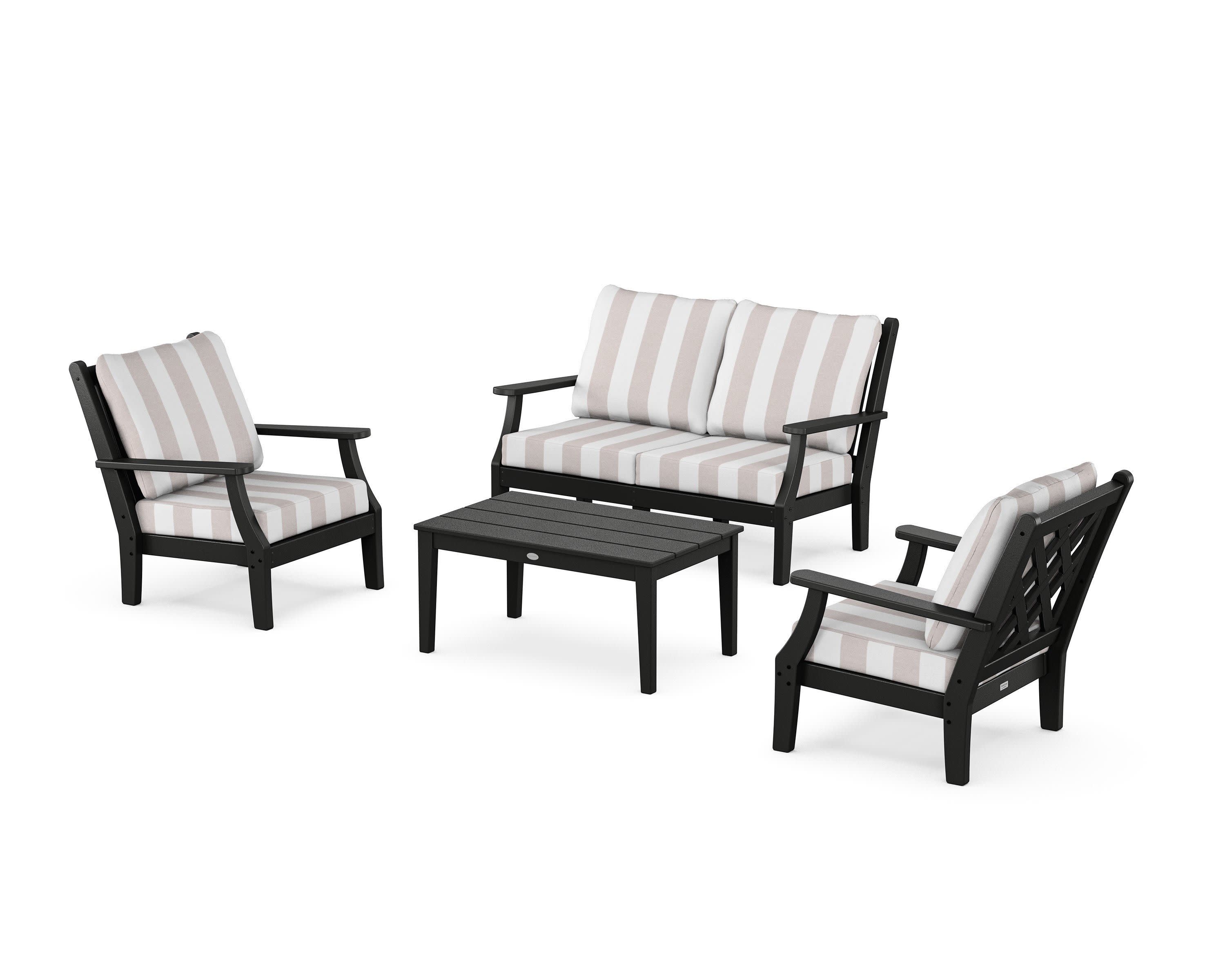 Wovendale 4-Piece Deep Seating Set with Loveseat in Black / Cabana Stripe Dune Burlap