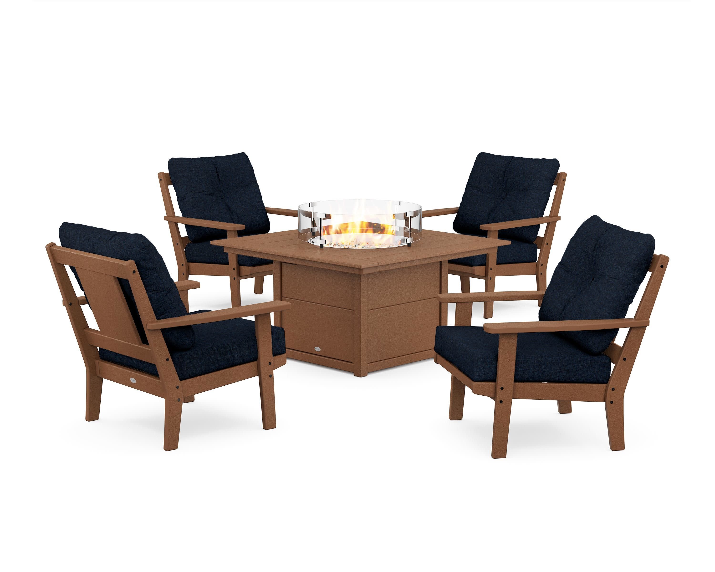 Prairie 5-Piece Deep Seating Set with Fire Pit Table in Teak / Marine Indigo