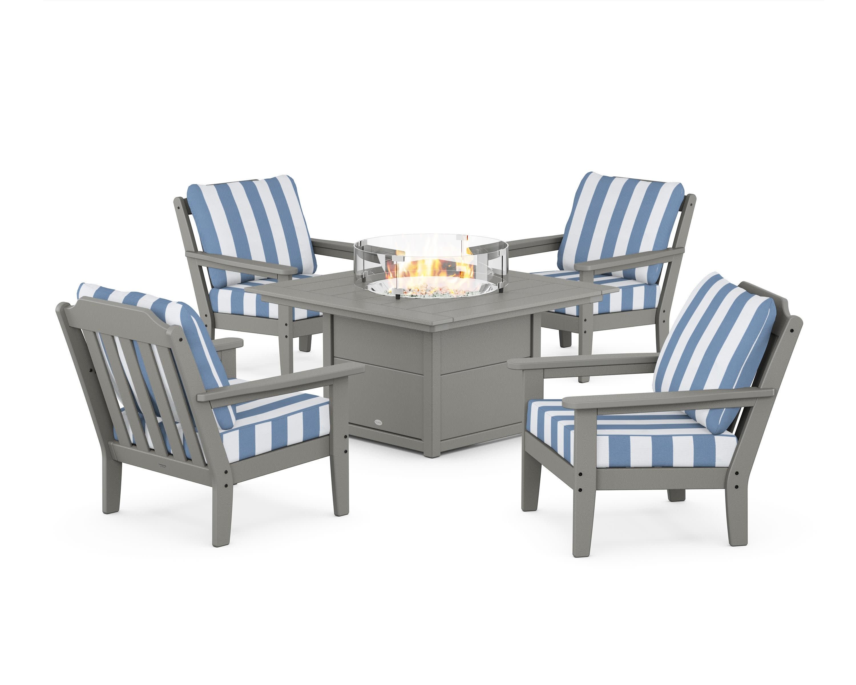 Cottage 5-Piece Deep Seating Set with Fire Pit Table in Slate Grey / Cabana Stripe Sky Blue