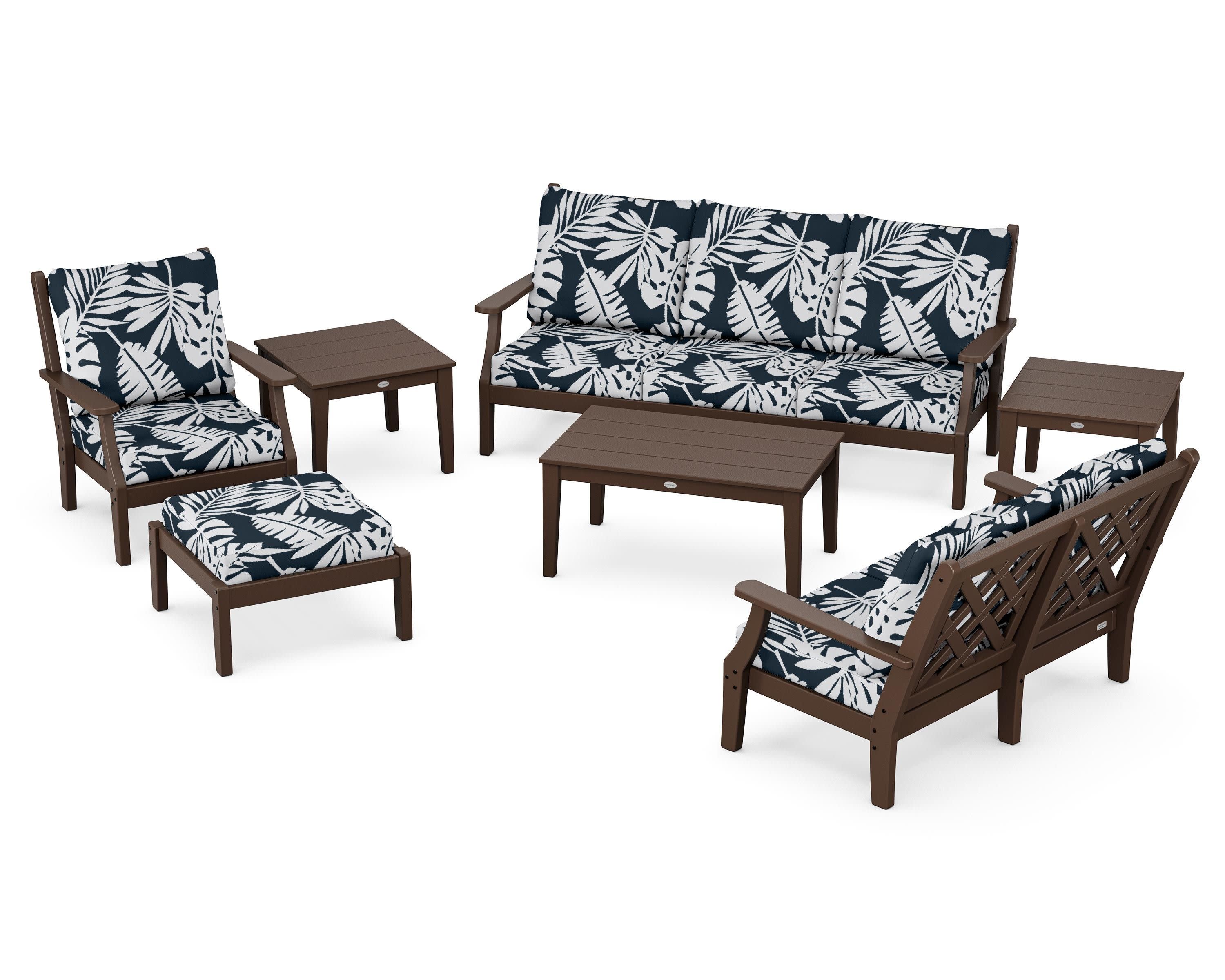 Wovendale 7-Piece Deep Seating Set in Mahogany / Leaf Marine Indigo