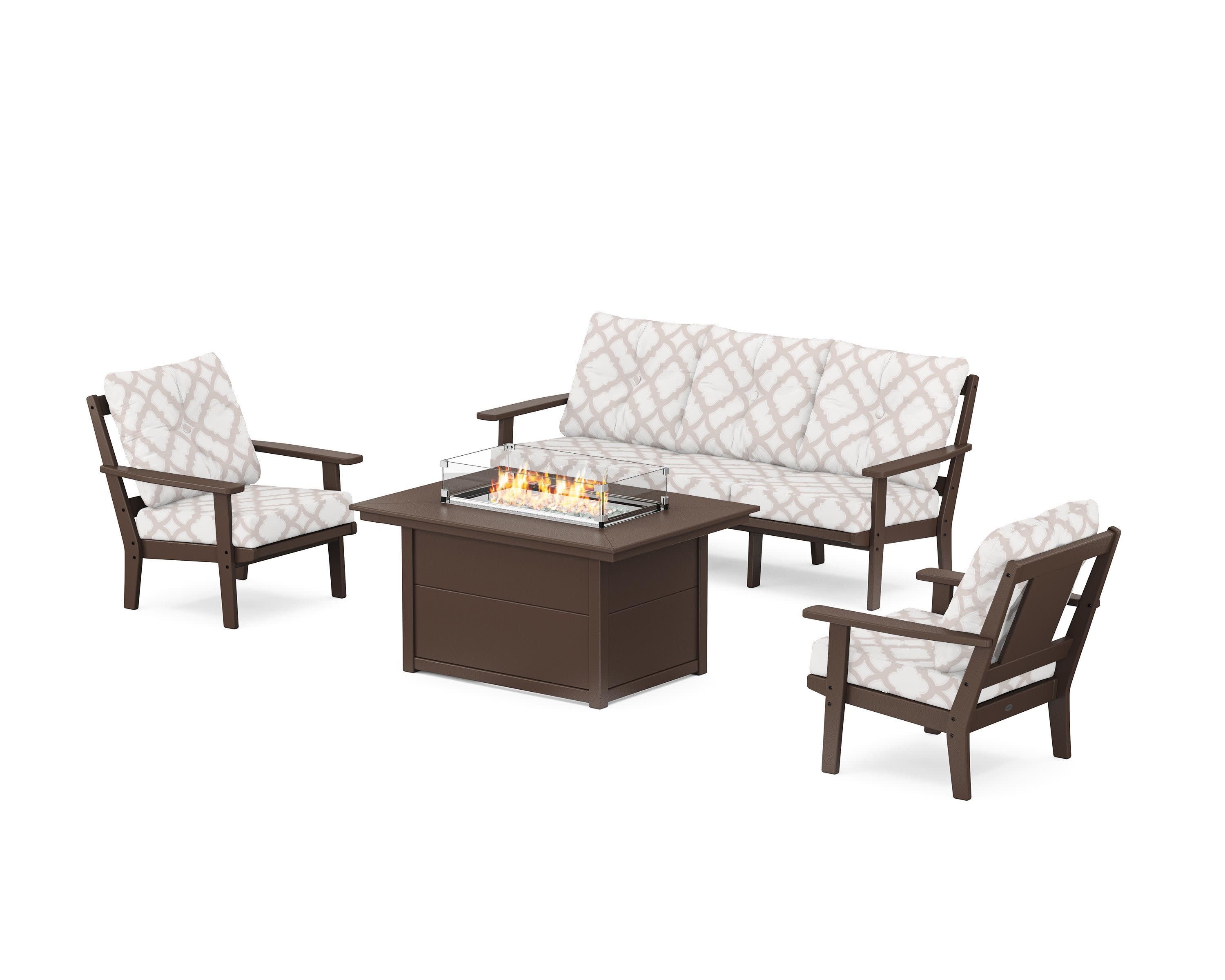Prairie Deep Seating Fire Pit Table Set in Mahogany / Trellis Dune Burlap