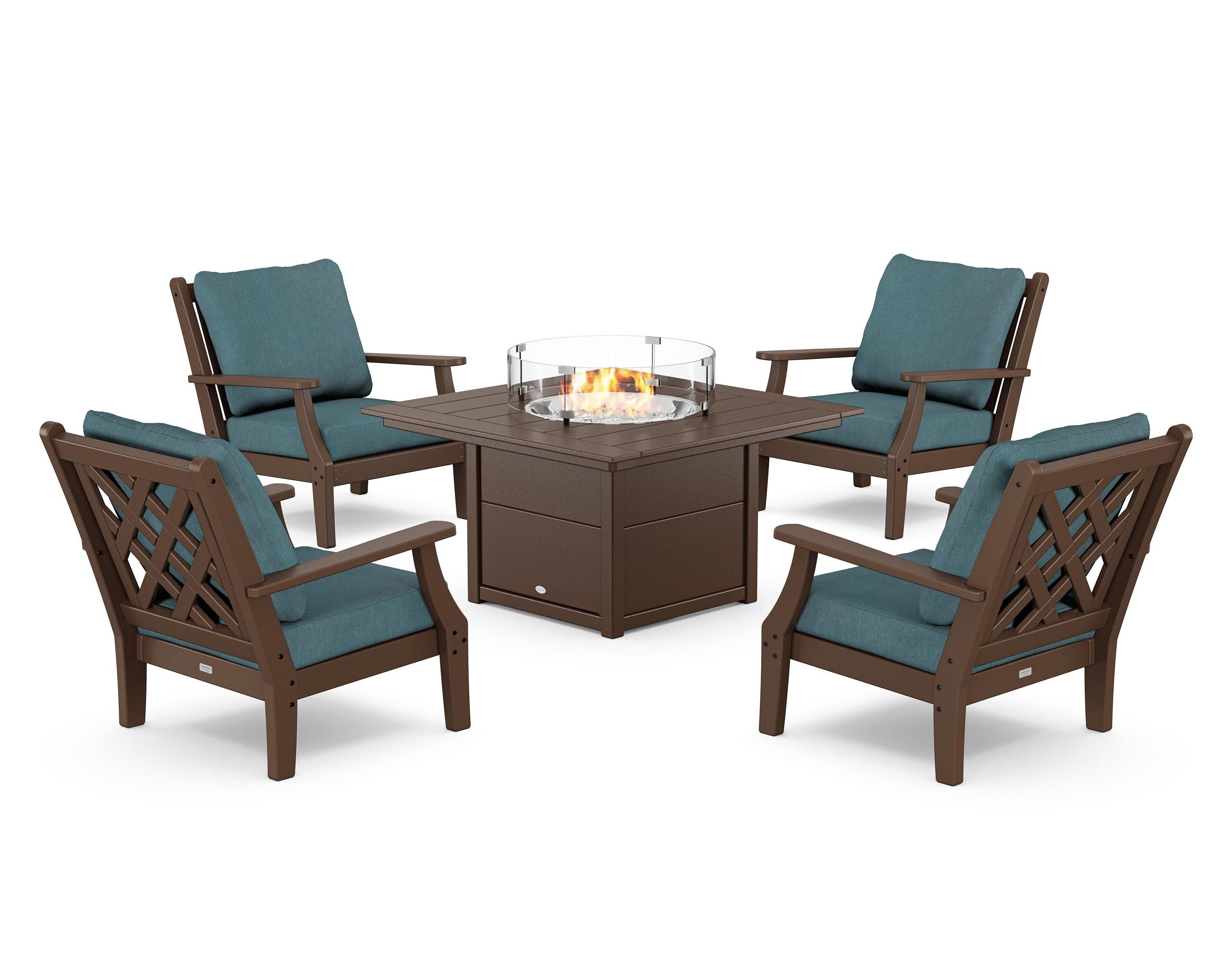 Wovendale 5-Piece Deep Seating Set with Fire Pit Table in Mahogany / Ocean Teal