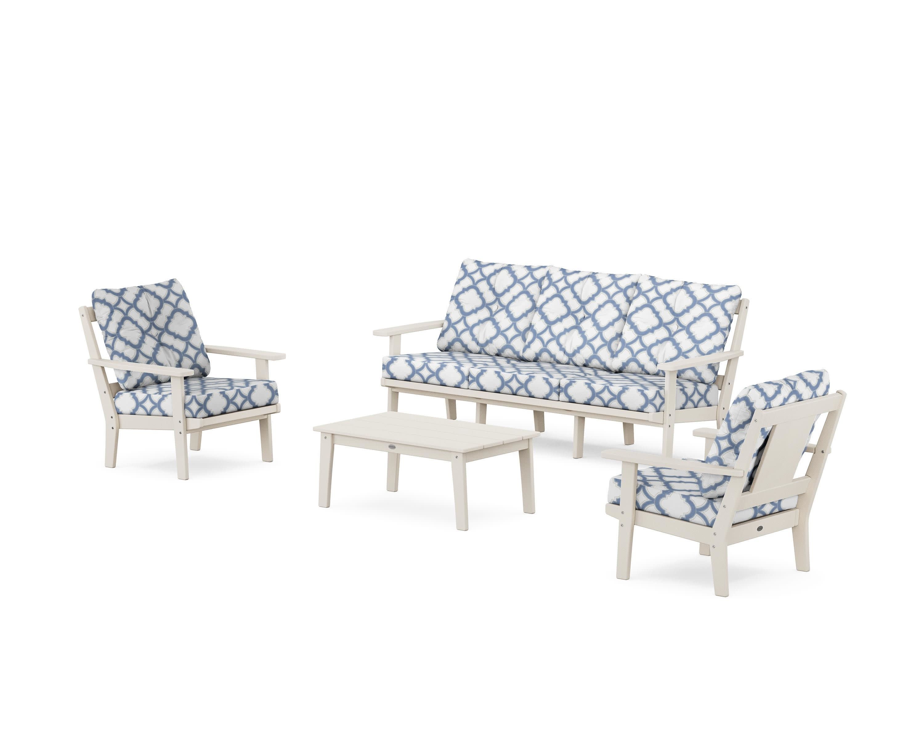 Prairie 4-Piece Deep Seating Set with Sofa in Sand / Trellis Sky Blue