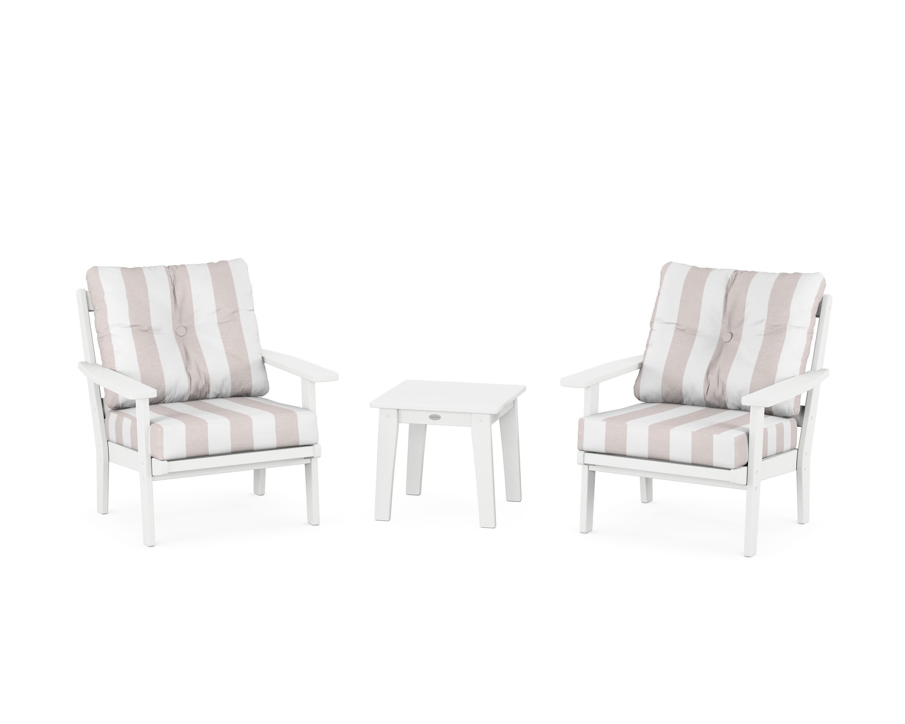 Prairie 3-Piece Deep Seating Set in White / Cabana Stripe Dune Burlap