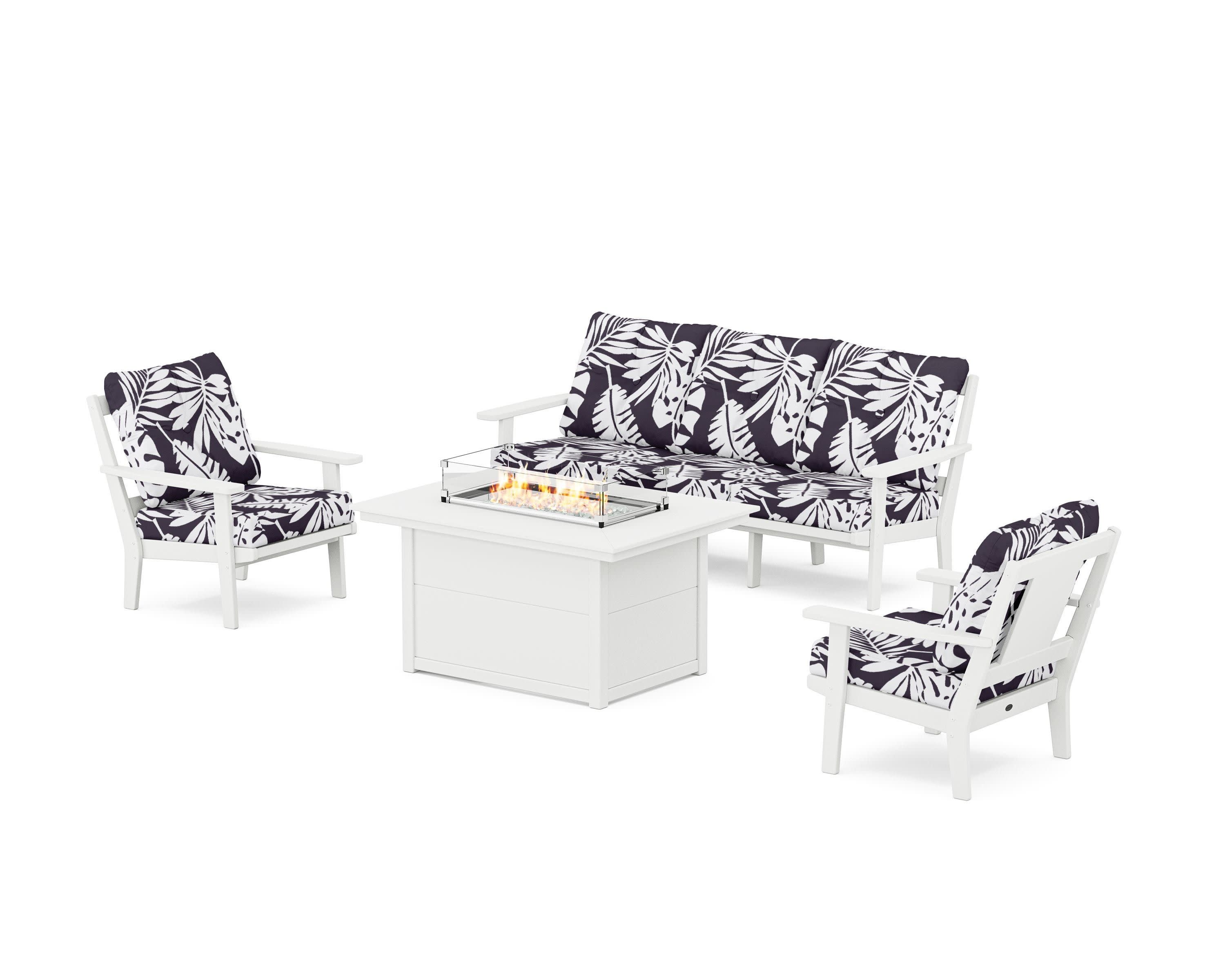 Prairie Deep Seating Fire Pit Table Set in White / Leaf Navy