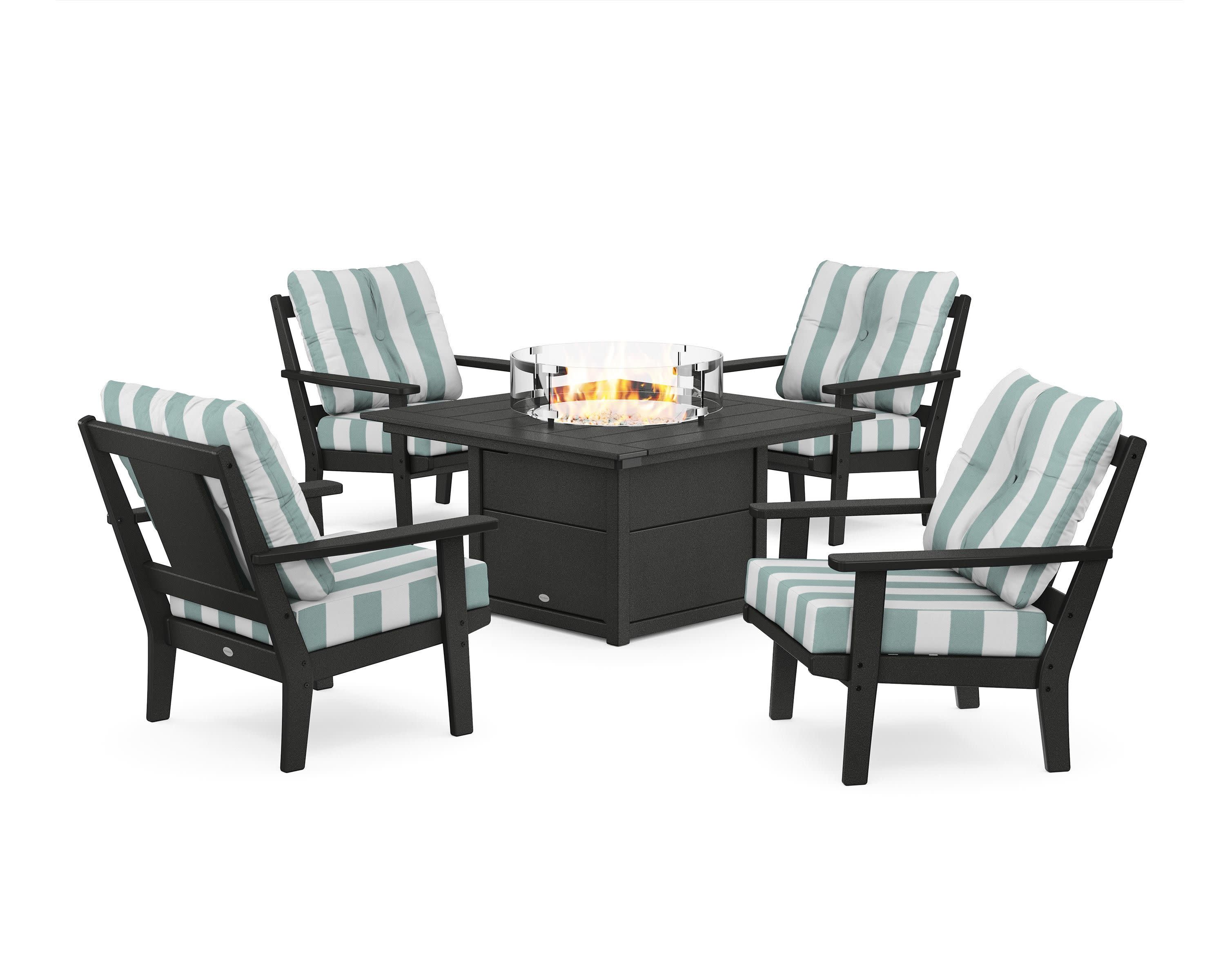 Prairie 5-Piece Deep Seating Set with Fire Pit Table in Black / Cabana Stripe Glacier Spa