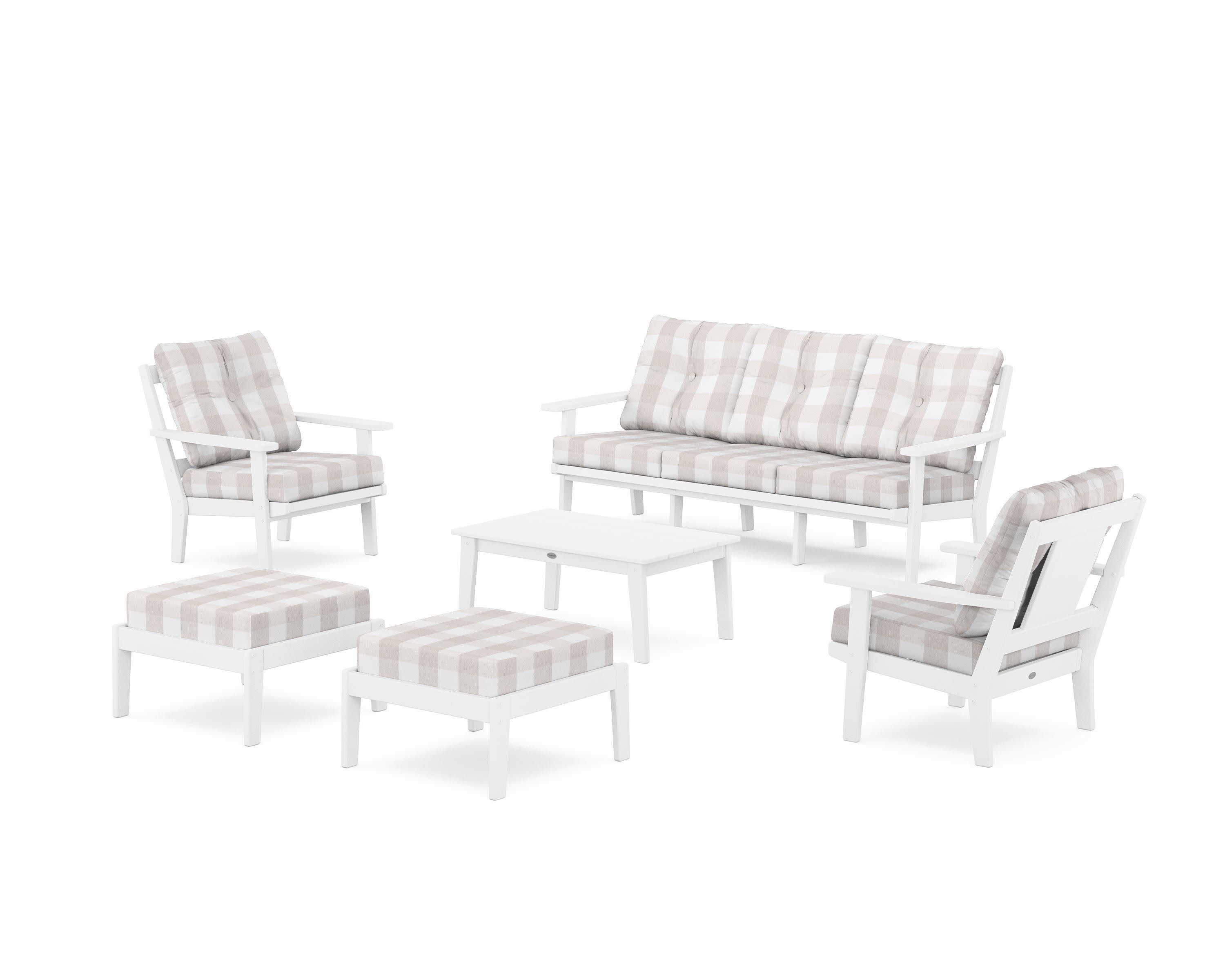 Prairie 6-Piece Lounge Sofa Set in White / Buffalo Plaid Dune Burlap
