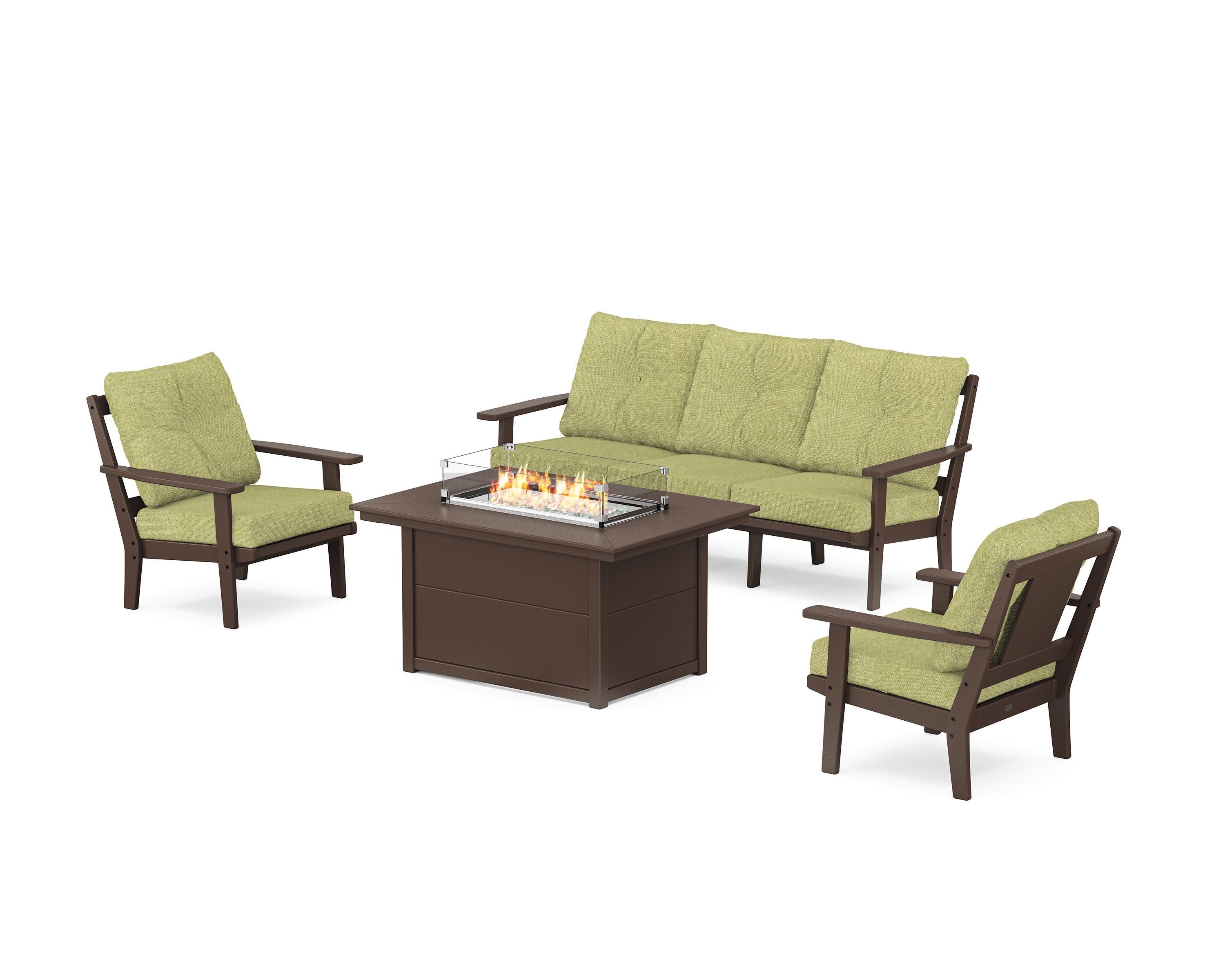 Prairie Deep Seating Fire Pit Table Set in Mahogany / Chartreuse Boucle