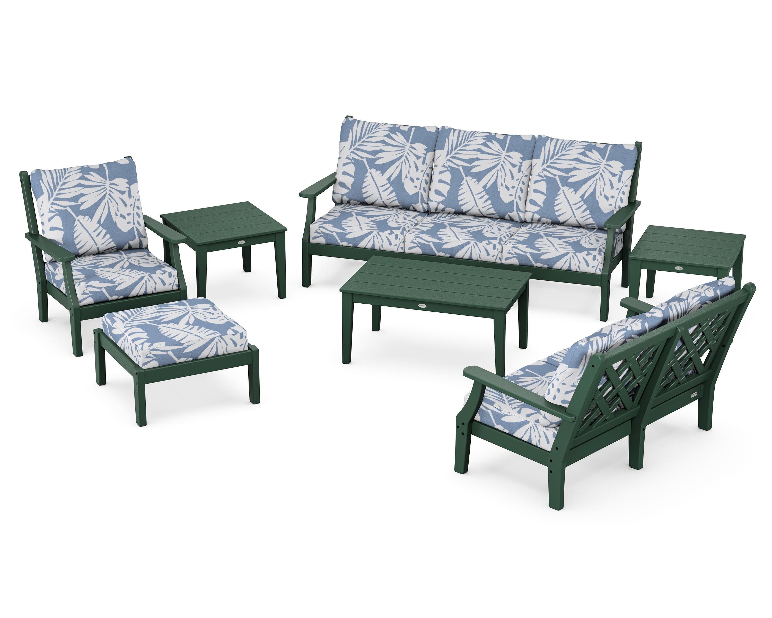 Wovendale 7-Piece Deep Seating Set in Green / Leaf Sky Blue