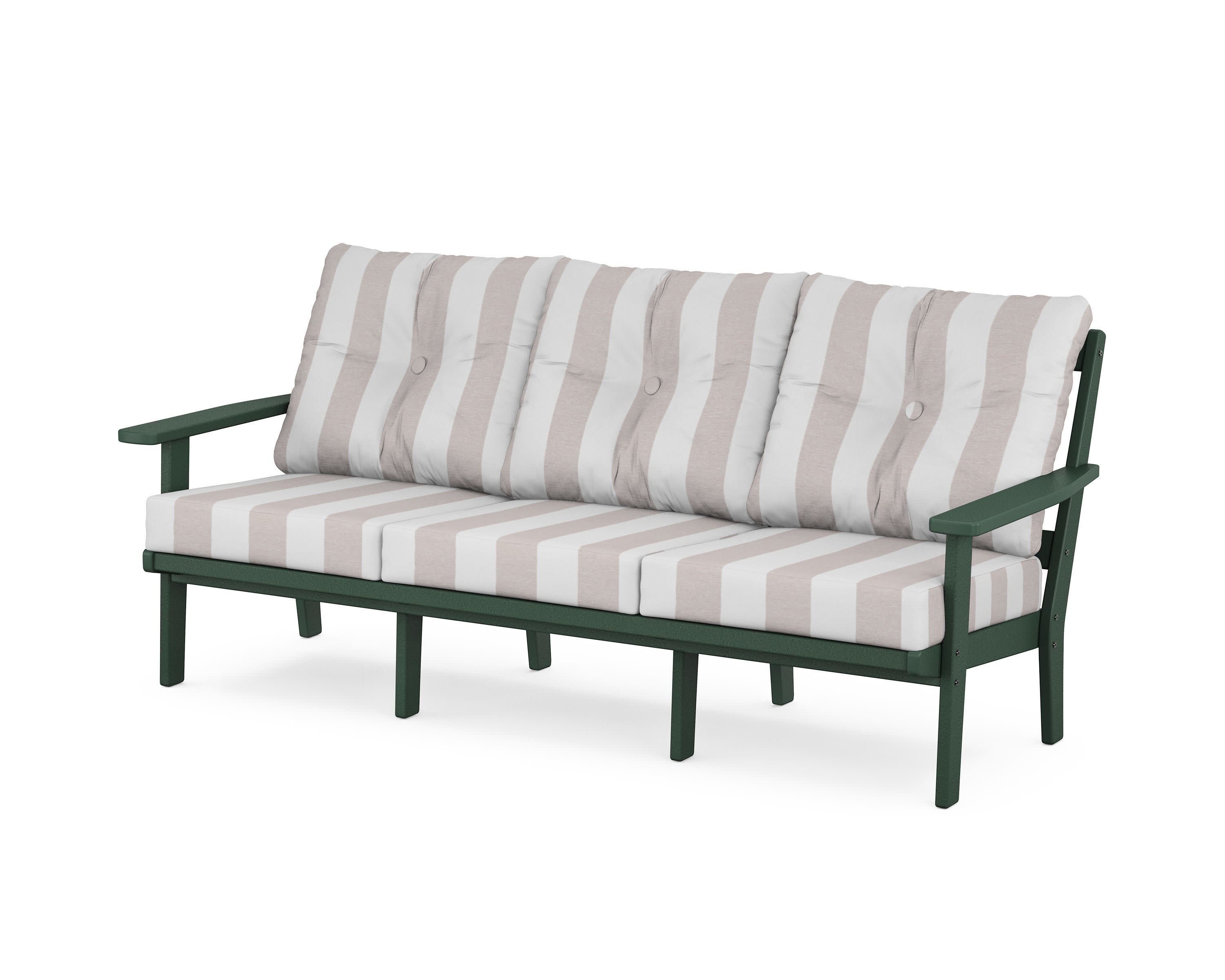 PrairieDeep Seating Sofa in Green / Cabana Stripe Dune Burlap