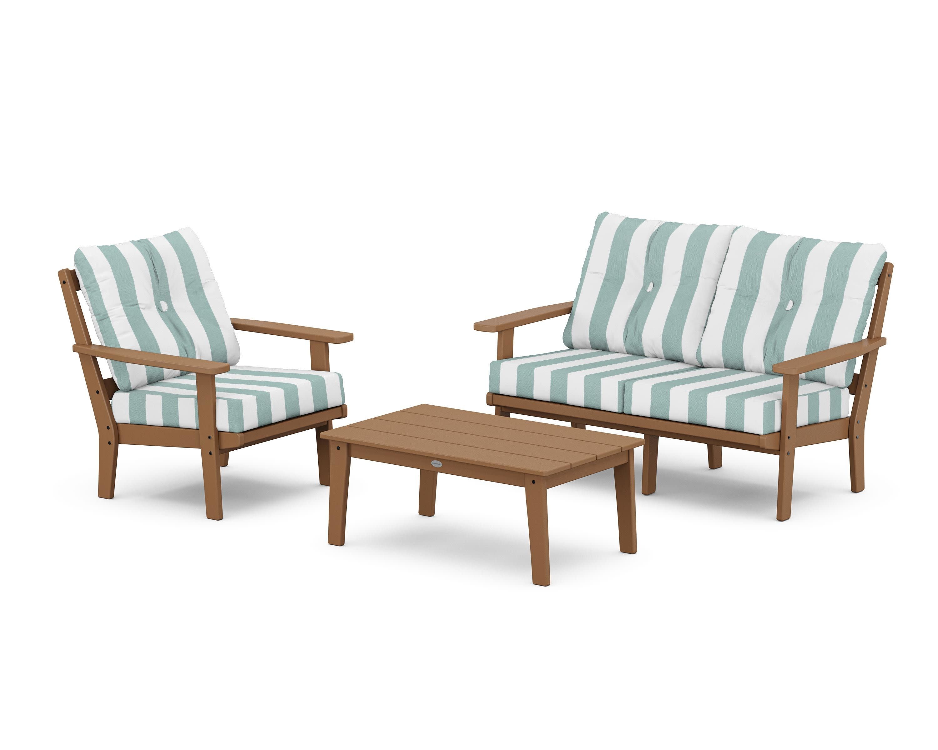 Prairie 3-Piece Deep Seating Set with Loveseat in Teak / Cabana Stripe Glacier Spa