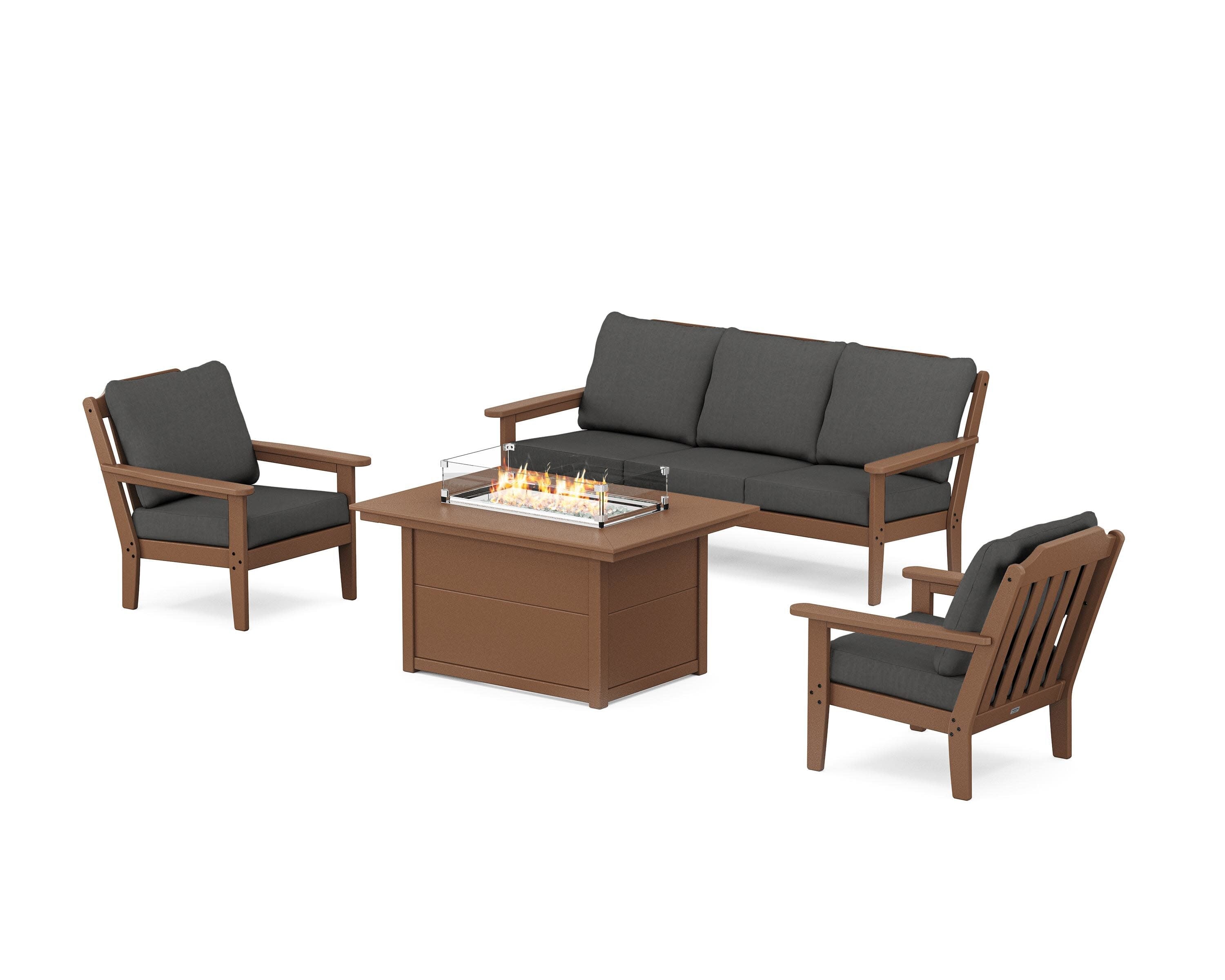 Cottage Deep Seating Fire Pit Table Set in Teak / Spectrum Carbon