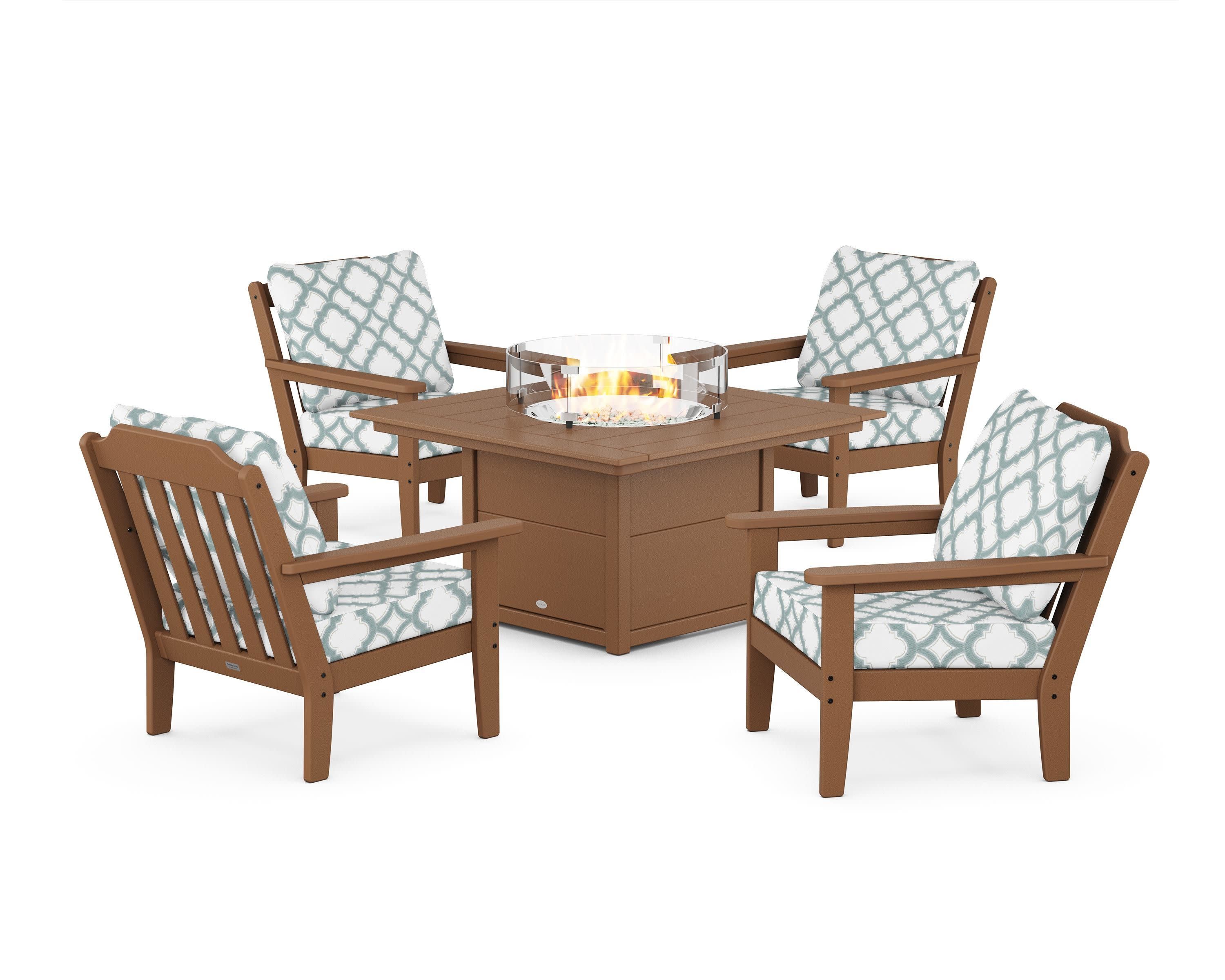 Cottage 5-Piece Deep Seating Set with Fire Pit Table in Teak / Trellis Glacier Spa