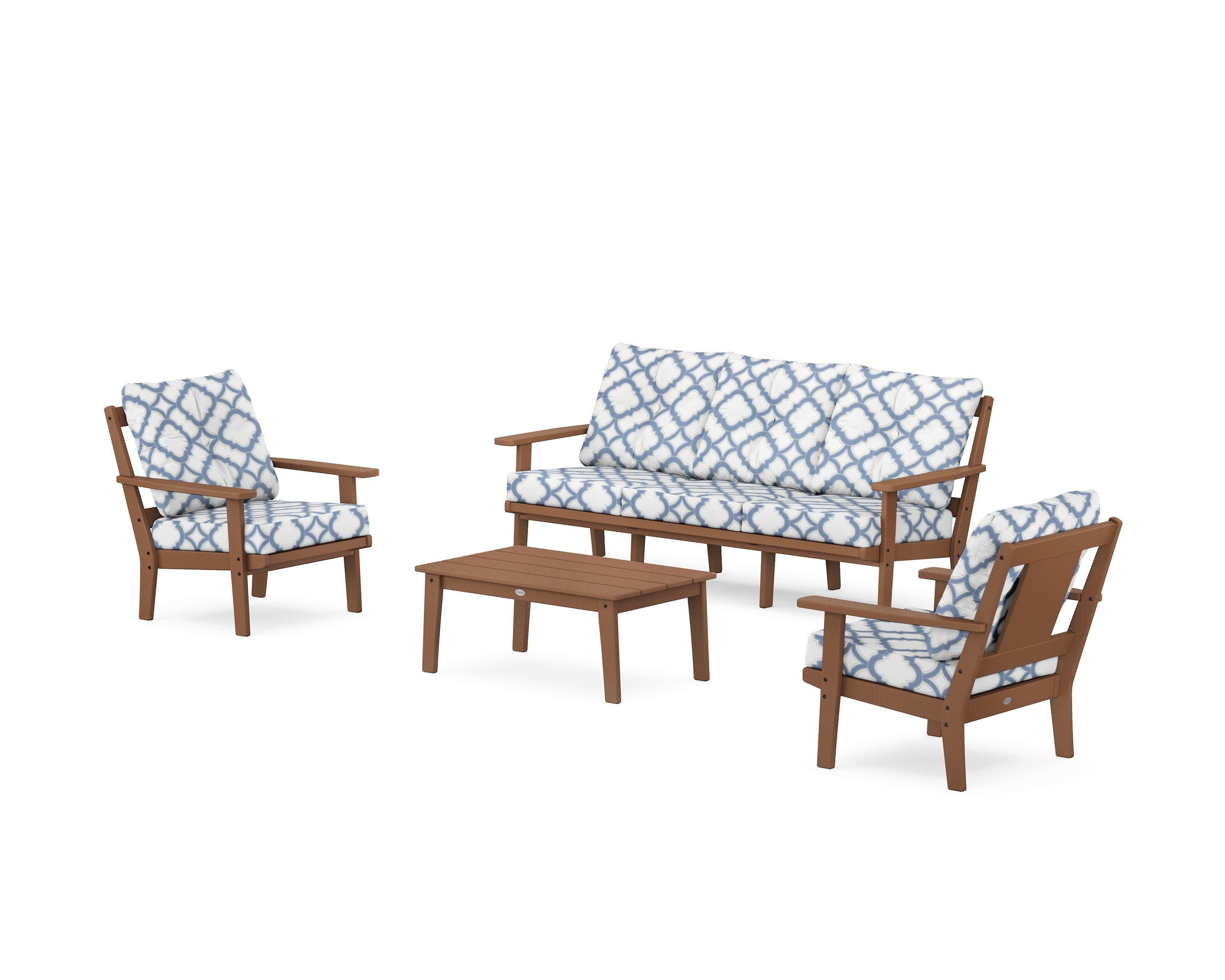 Prairie 4-Piece Deep Seating Set with Sofa in Teak / Trellis Sky Blue