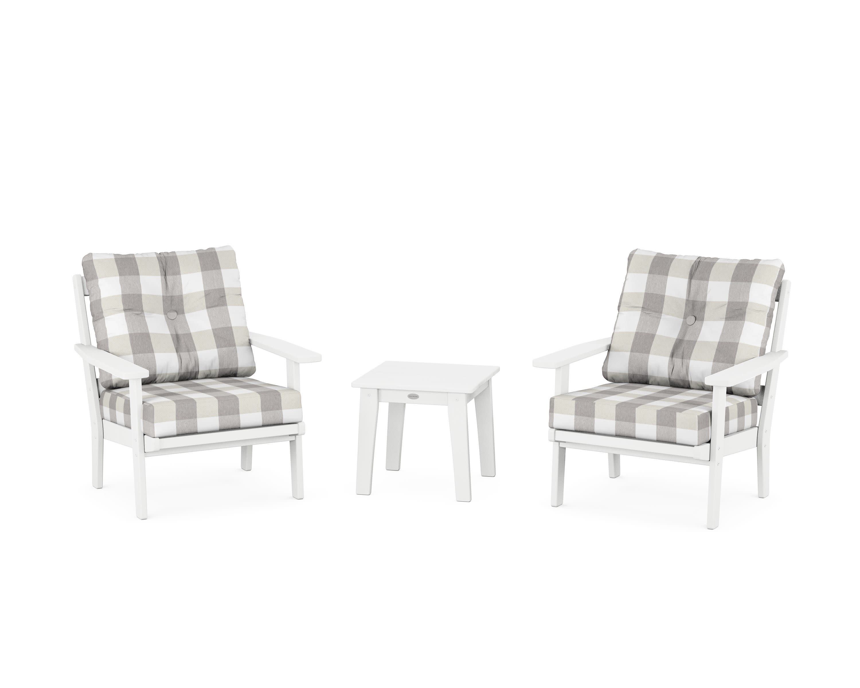 Prairie 3-Piece Deep Seating Set in White / Buffalo Plaid Grey Mist