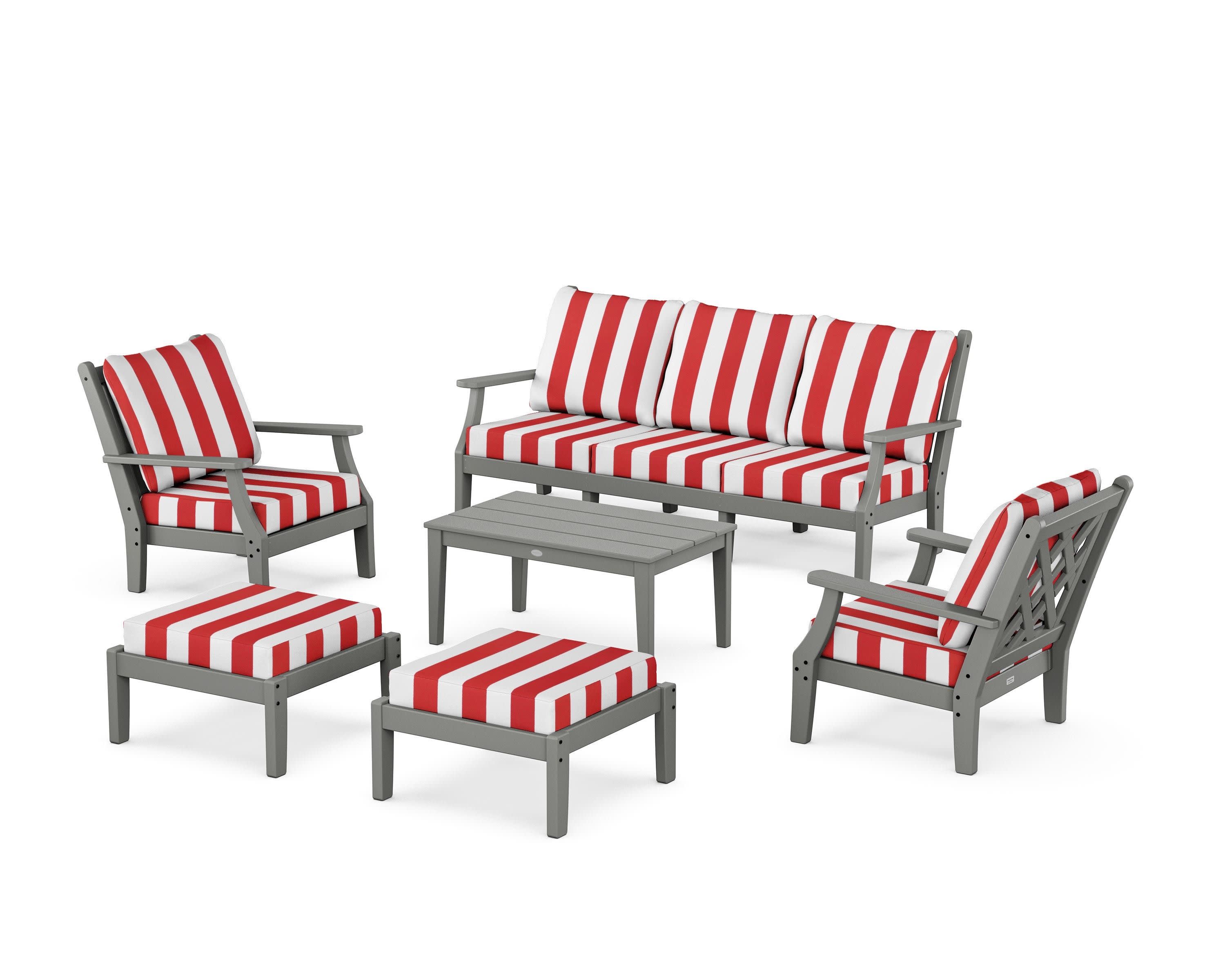 Wovendale 6-Piece Lounge Sofa Set in Slate Grey / Cabana Stripe Crimson