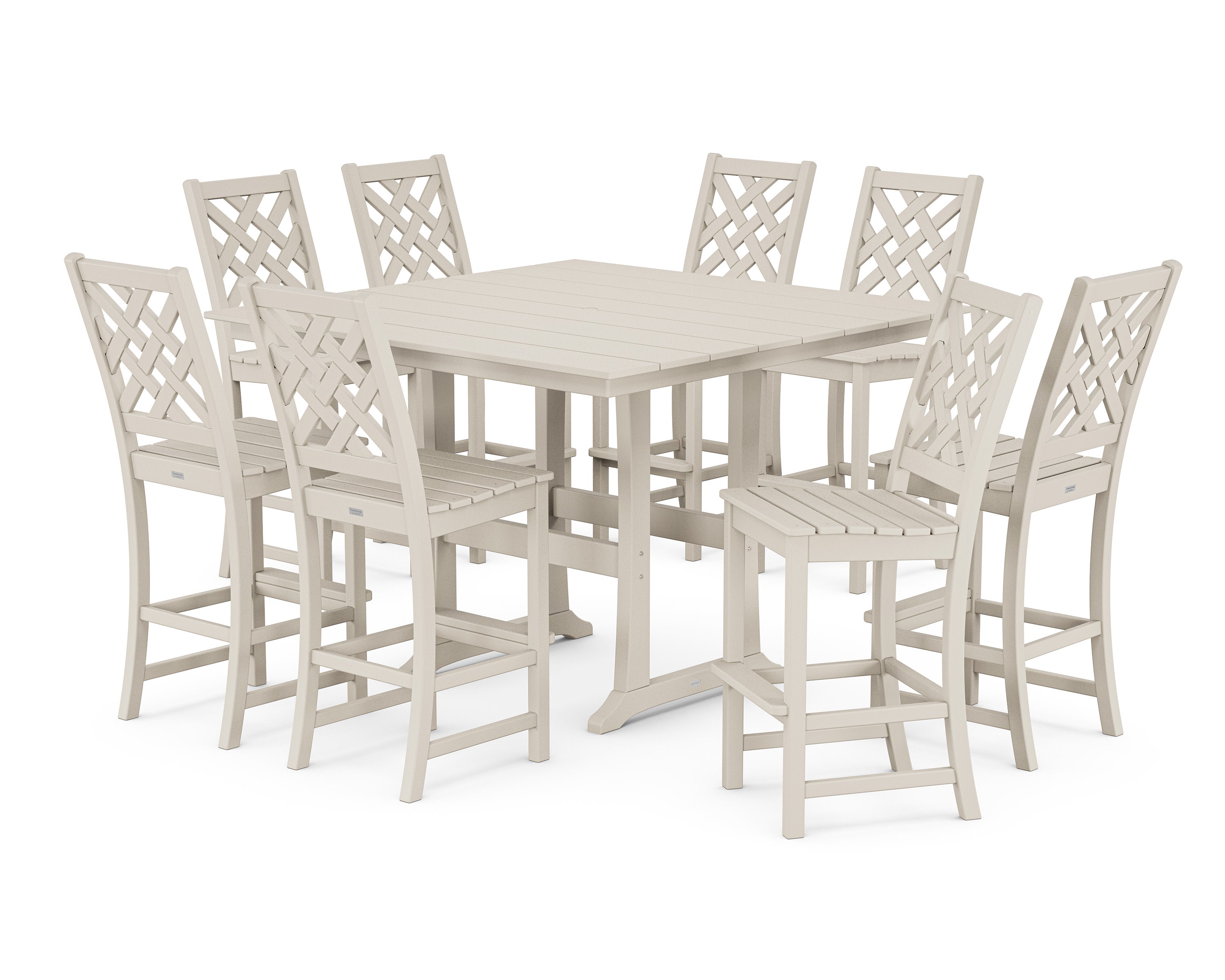 Wovendale Side Chair 9-Piece Square Farmhouse Bar Set with Trestle Legs in Sand
