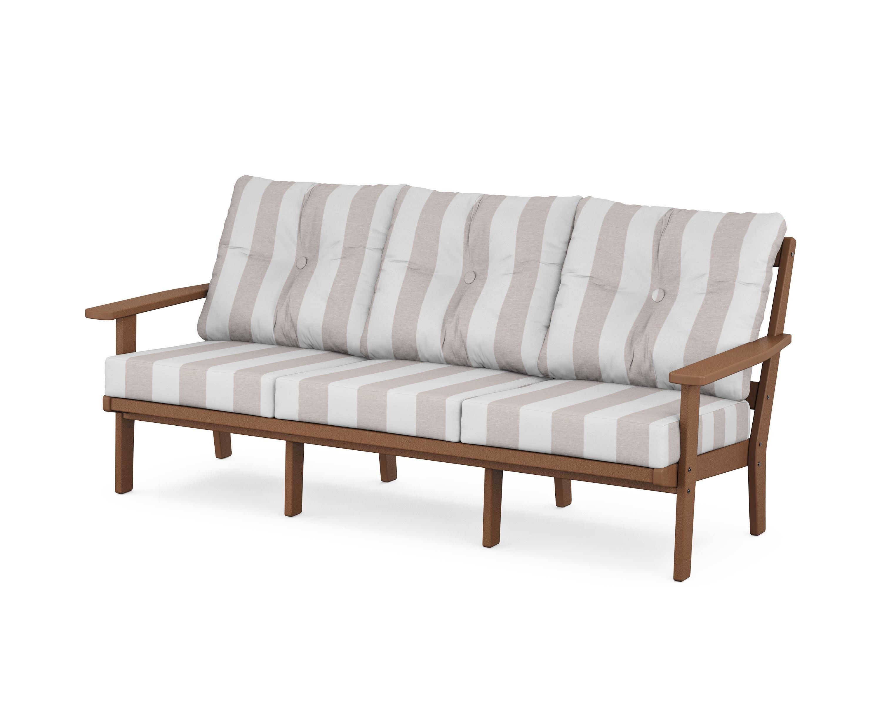 PrairieDeep Seating Sofa in Teak / Cabana Stripe Dune Burlap