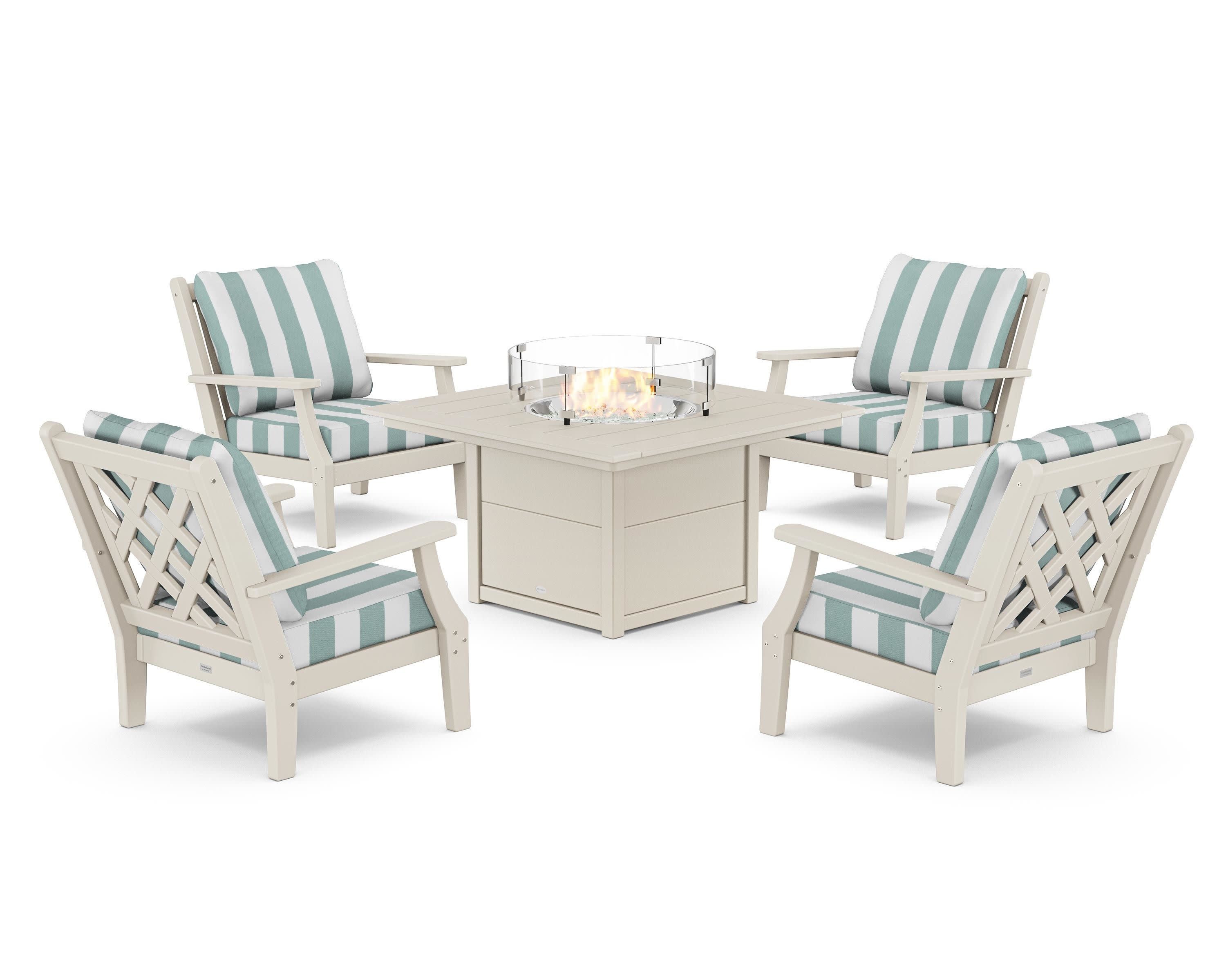 Wovendale 5-Piece Deep Seating Set with Fire Pit Table in Sand / Cabana Stripe Glacier Spa