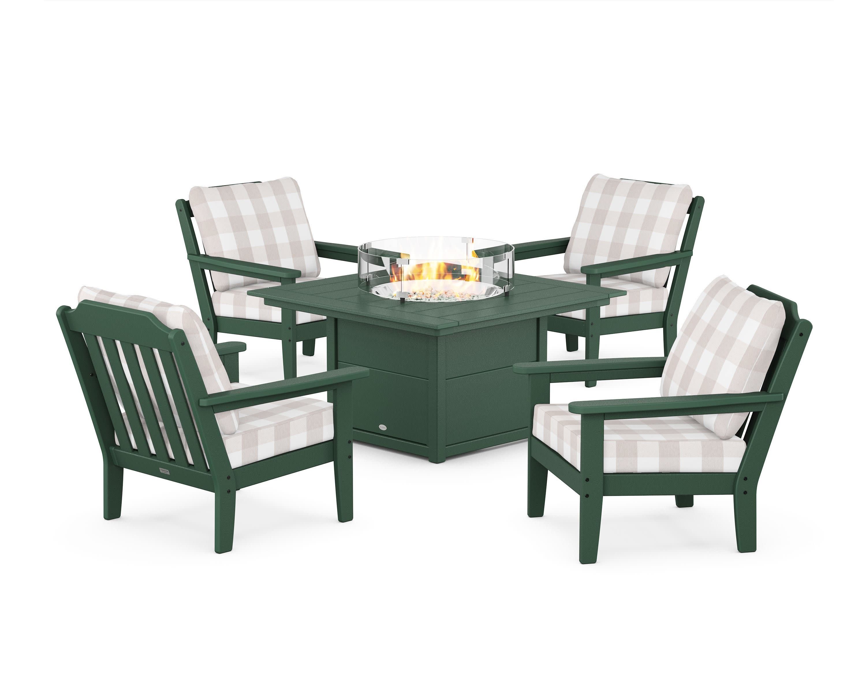 Cottage 5-Piece Deep Seating Set with Fire Pit Table in Green / Buffalo Plaid Dune Burlap