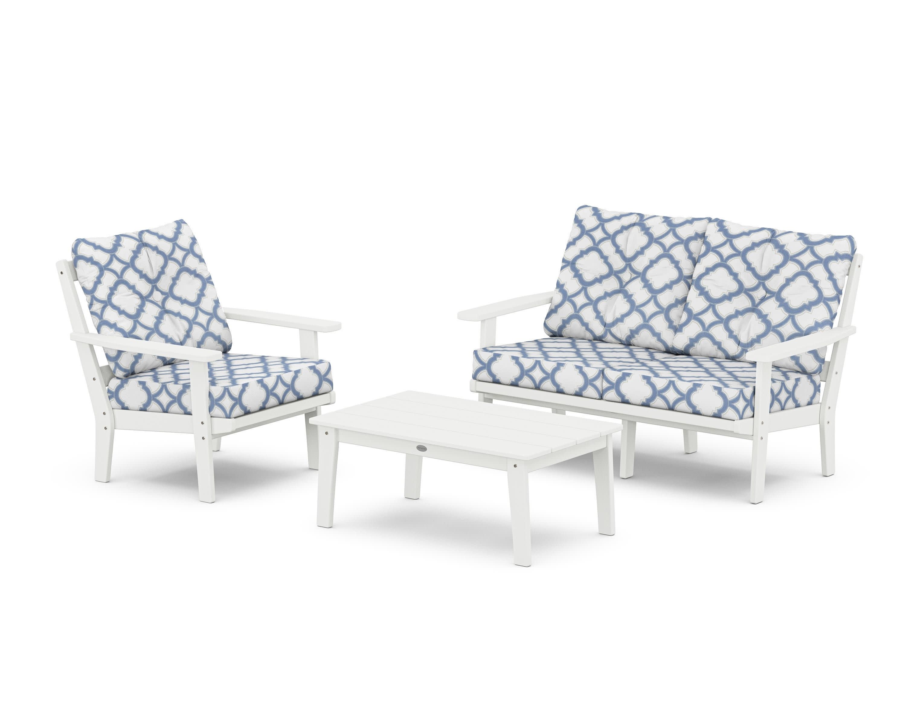 Prairie 3-Piece Deep Seating Set with Loveseat in White / Trellis Sky Blue
