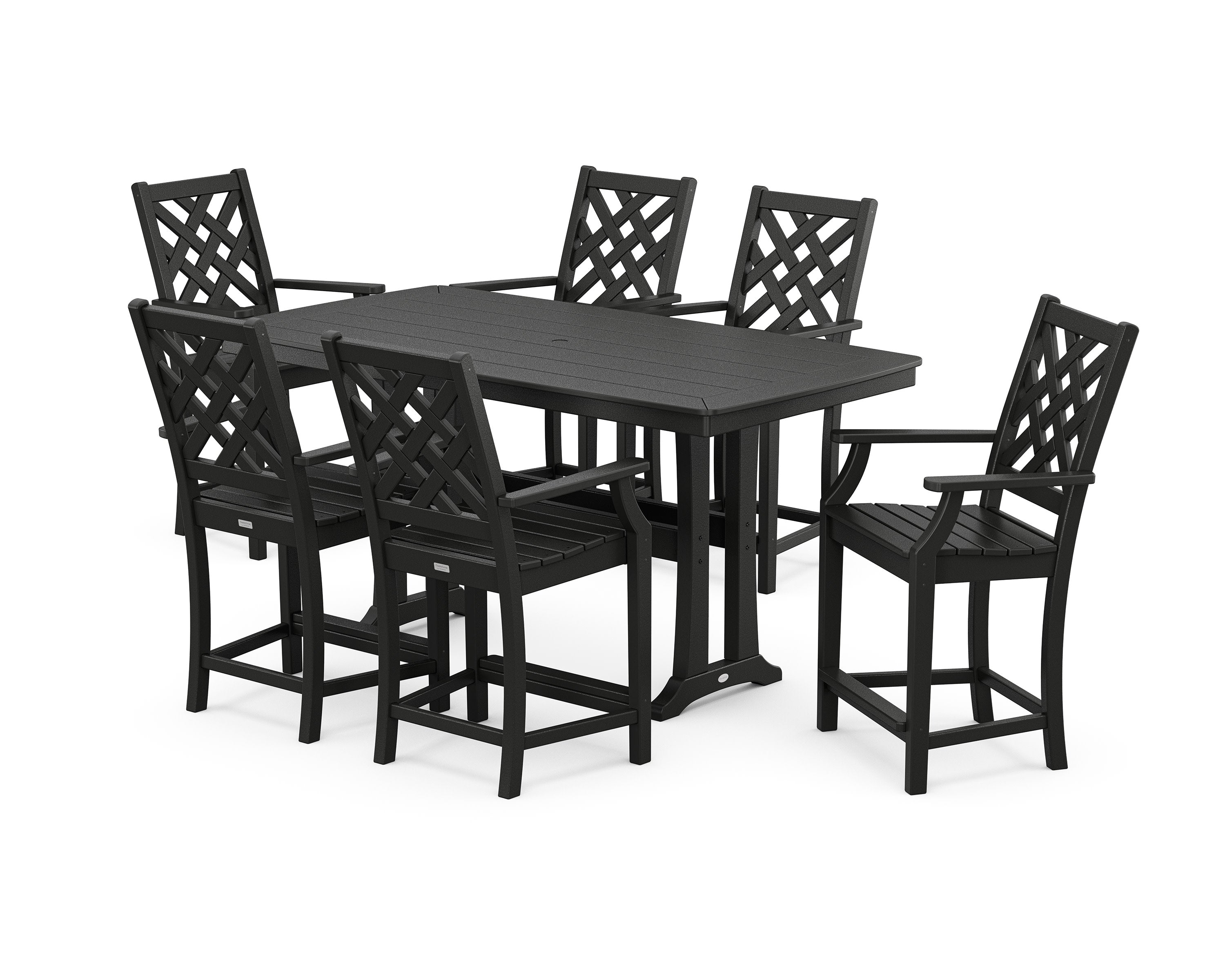 Wovendale Arm Chair 7-Piece Counter Set with Trestle Legs in Black