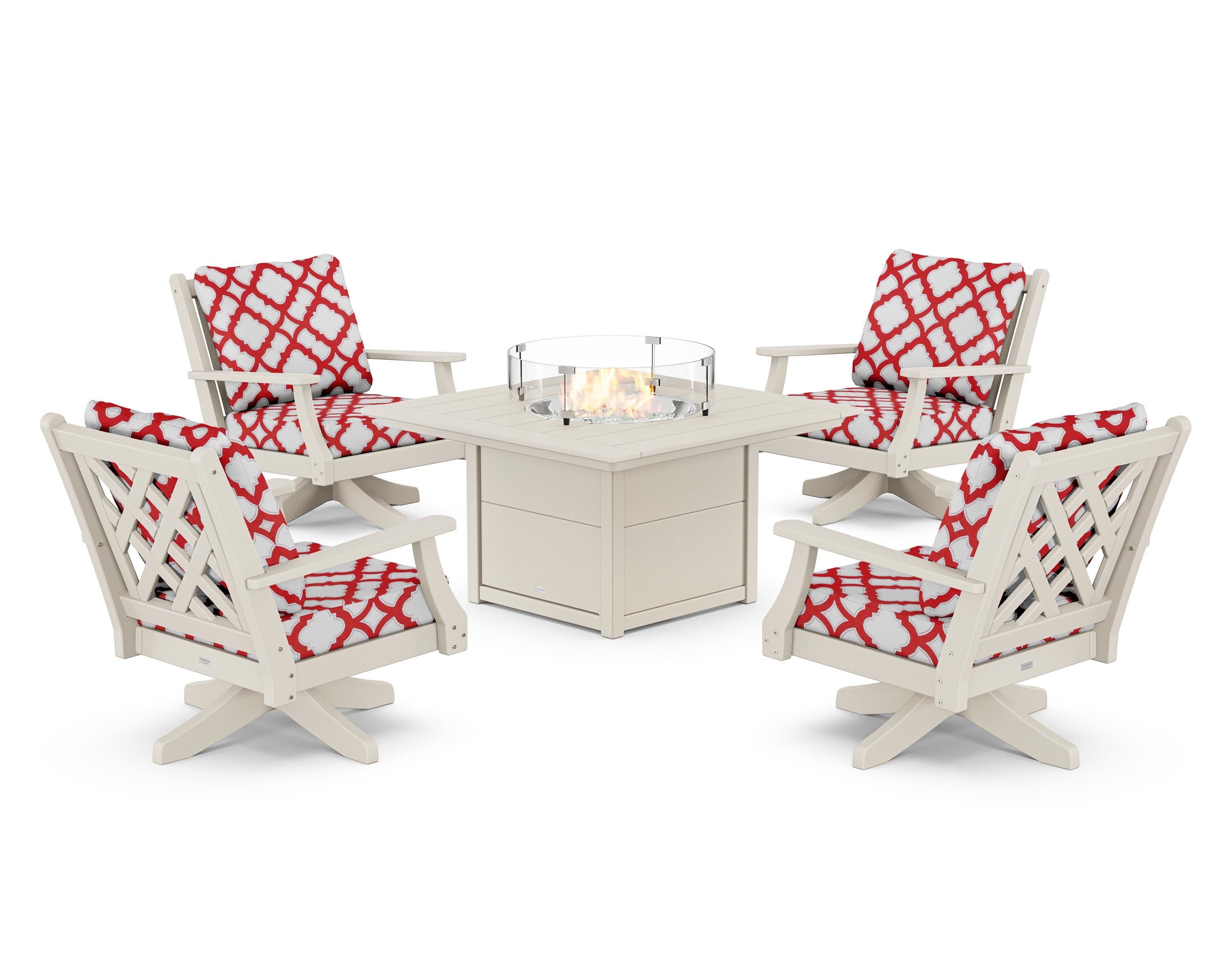 Wovendale 5-Piece Deep Seating Swivel Conversation Set with Fire Pit Table in Sand / Trellis Crimson