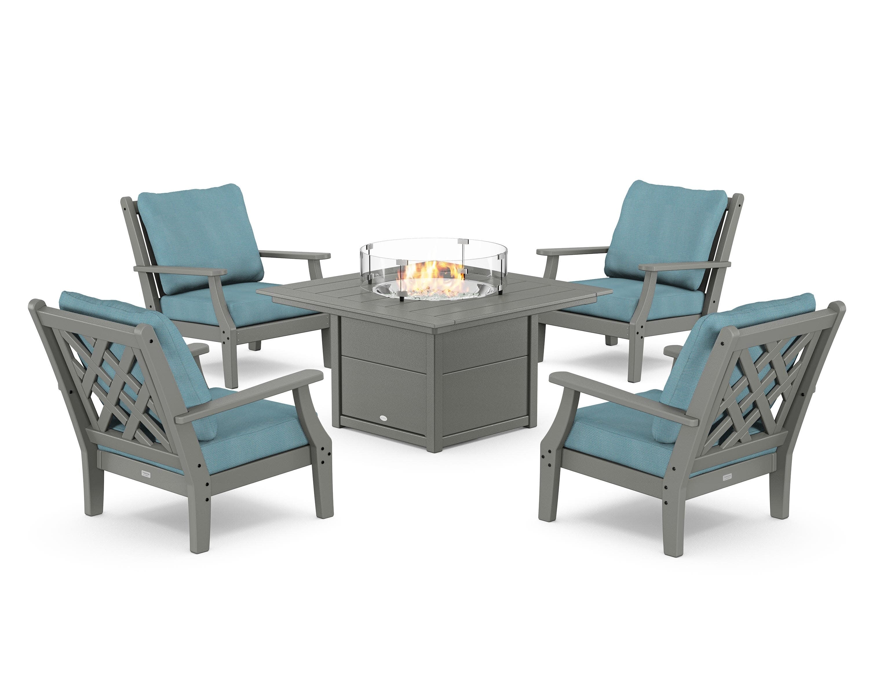 Wovendale 5-Piece Deep Seating Set with Fire Pit Table in Slate Grey / Lattice Sky Blue