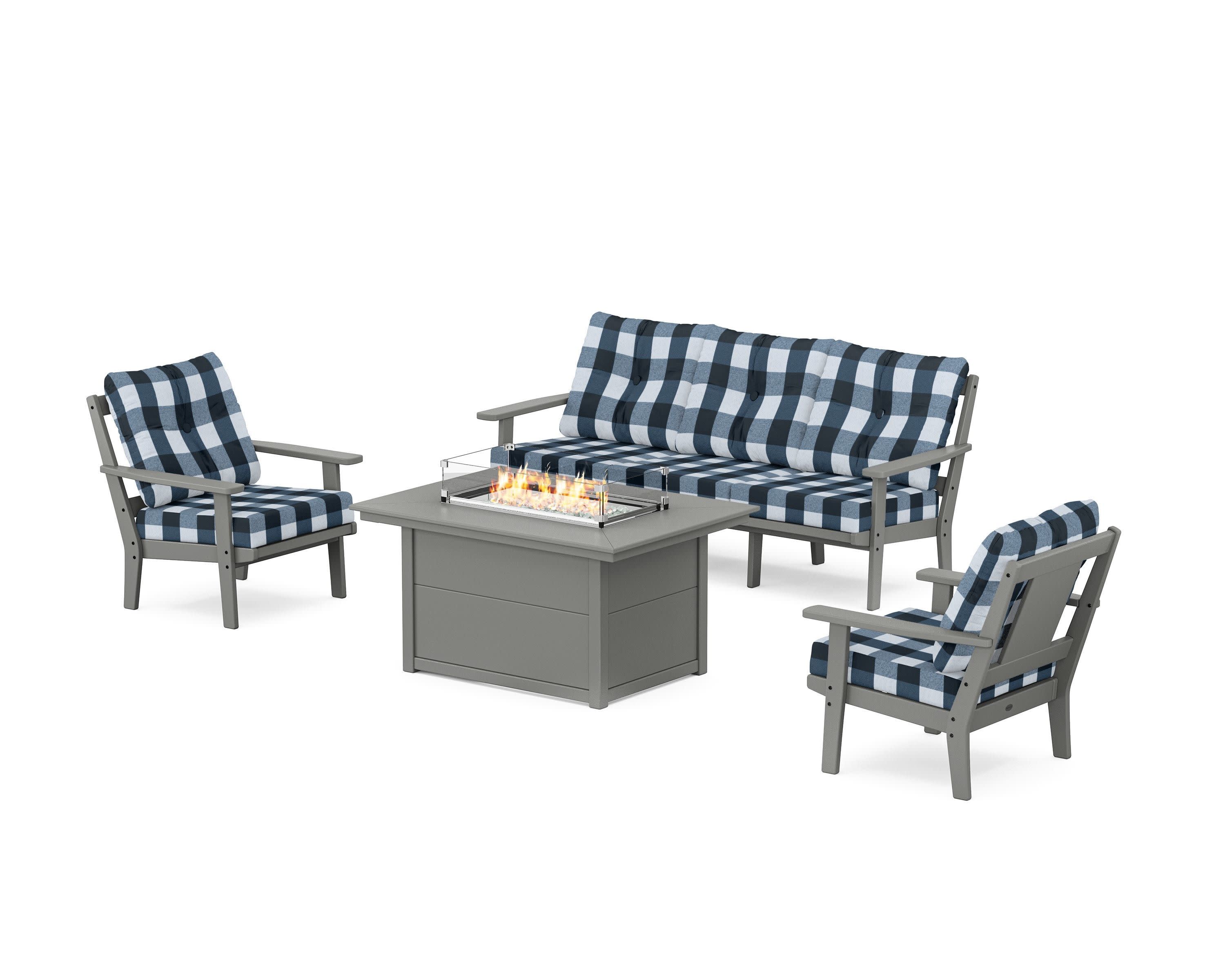 Prairie Deep Seating Fire Pit Table Set in Slate Grey / Buffalo Plaid Marine Indigo