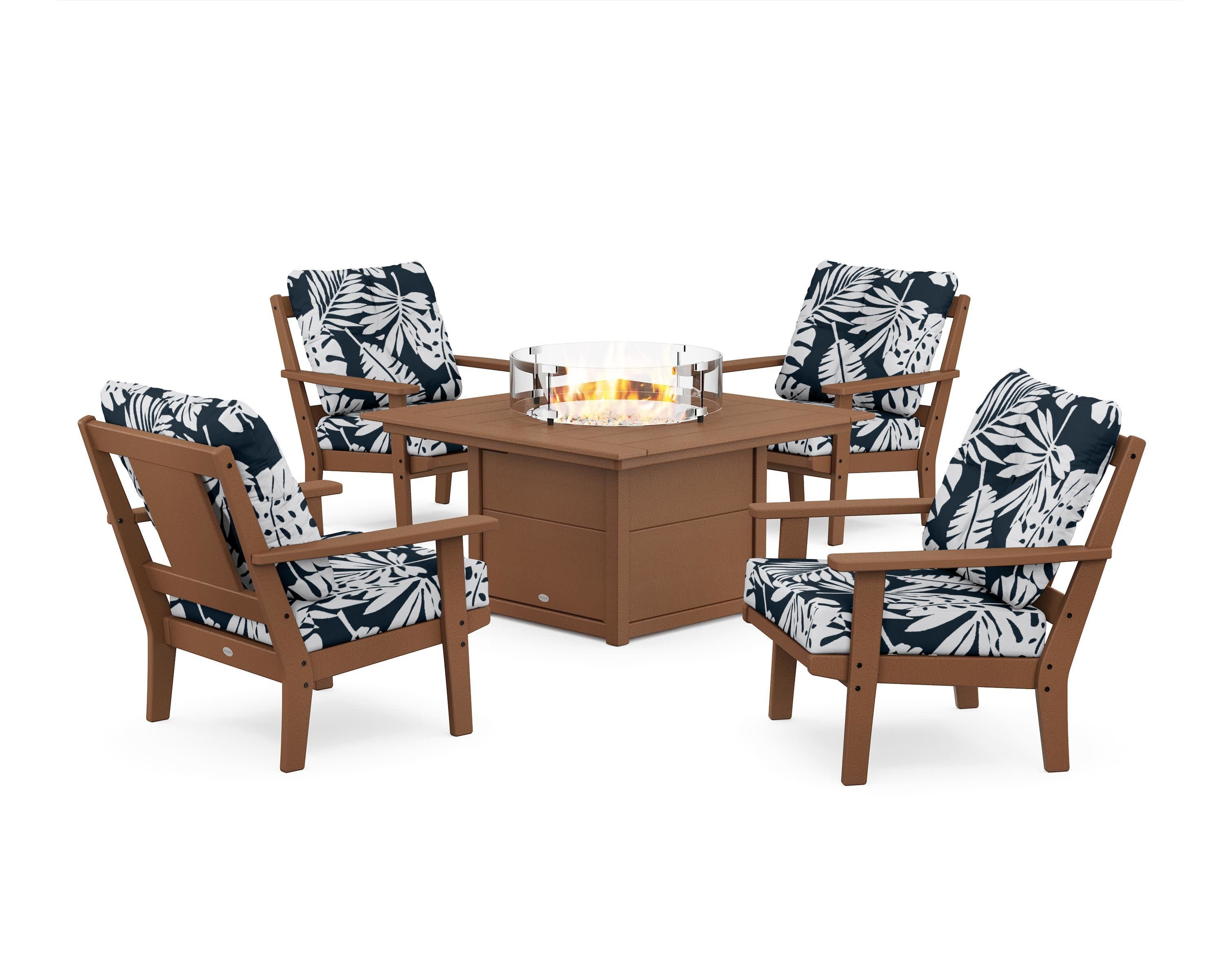 Prairie 5-Piece Deep Seating Set with Fire Pit Table in Teak / Leaf Marine Indigo