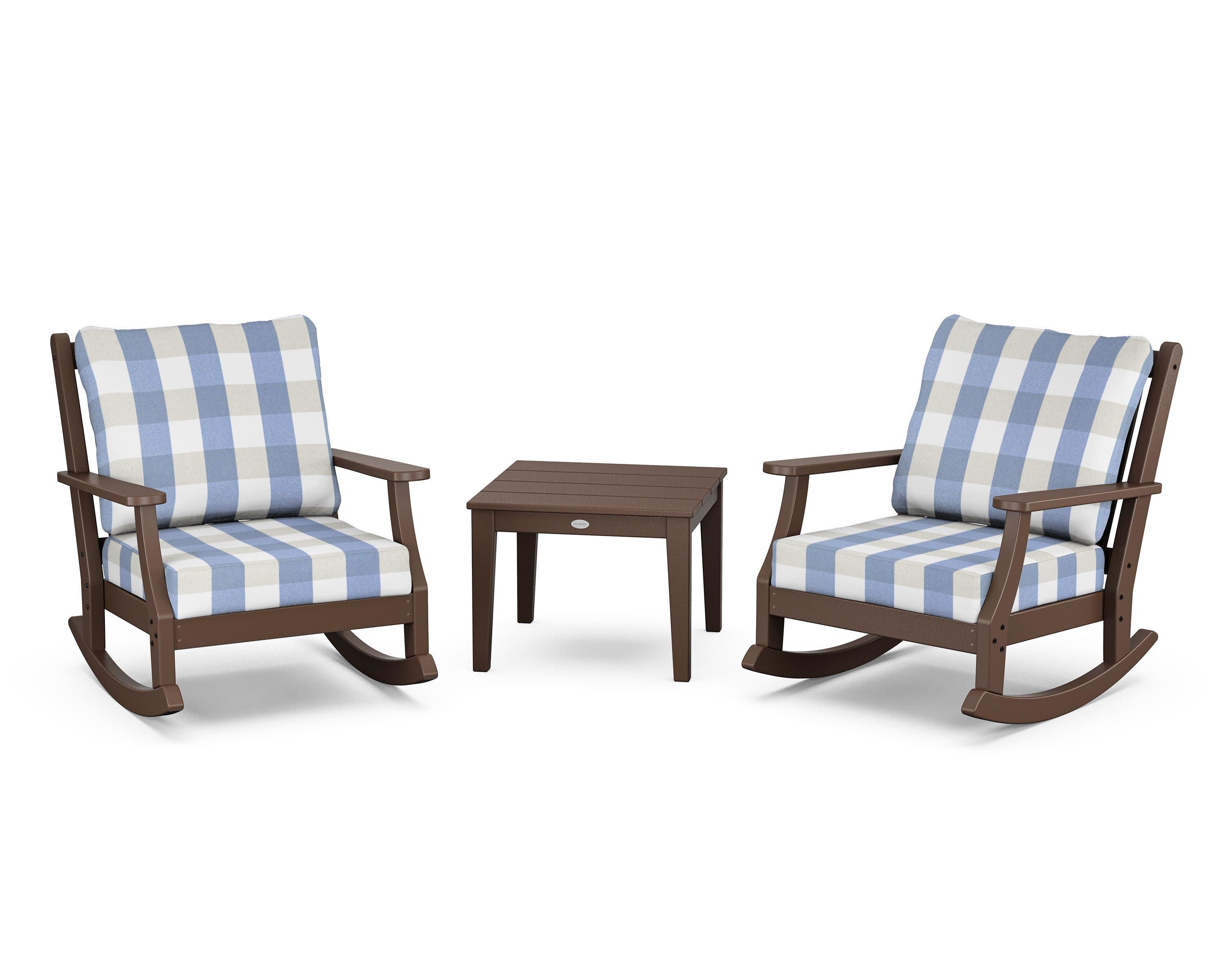 Wovendale 3-Piece Deep Seating Rocker Set in Mahogany / Buffalo Plaid Sky Blue
