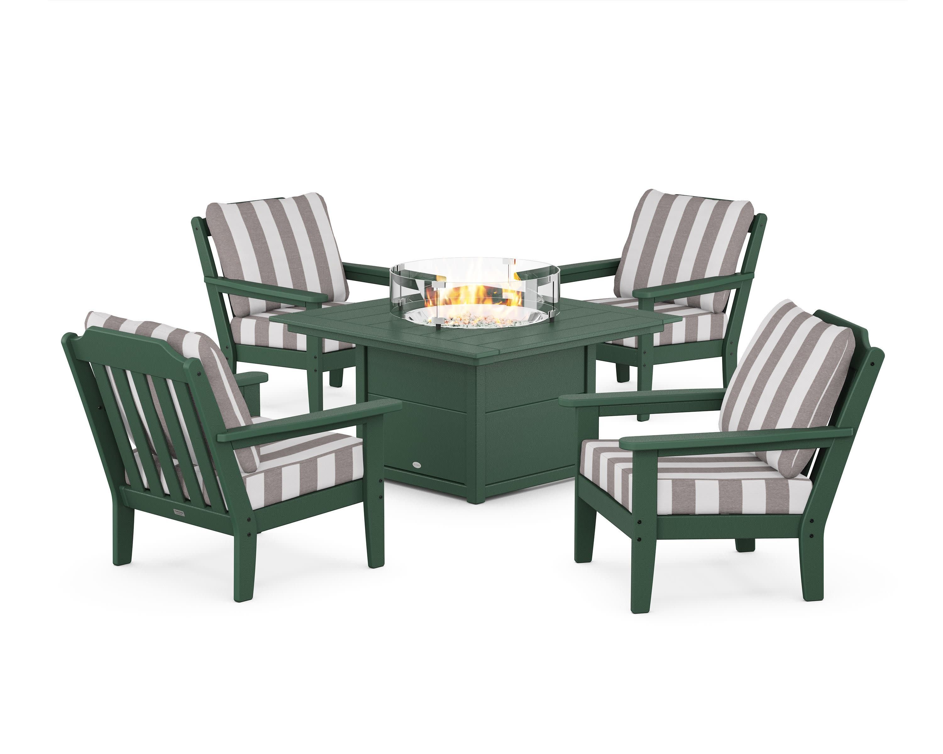 Cottage 5-Piece Deep Seating Set with Fire Pit Table in Green / Cabana Stripe Grey Mist