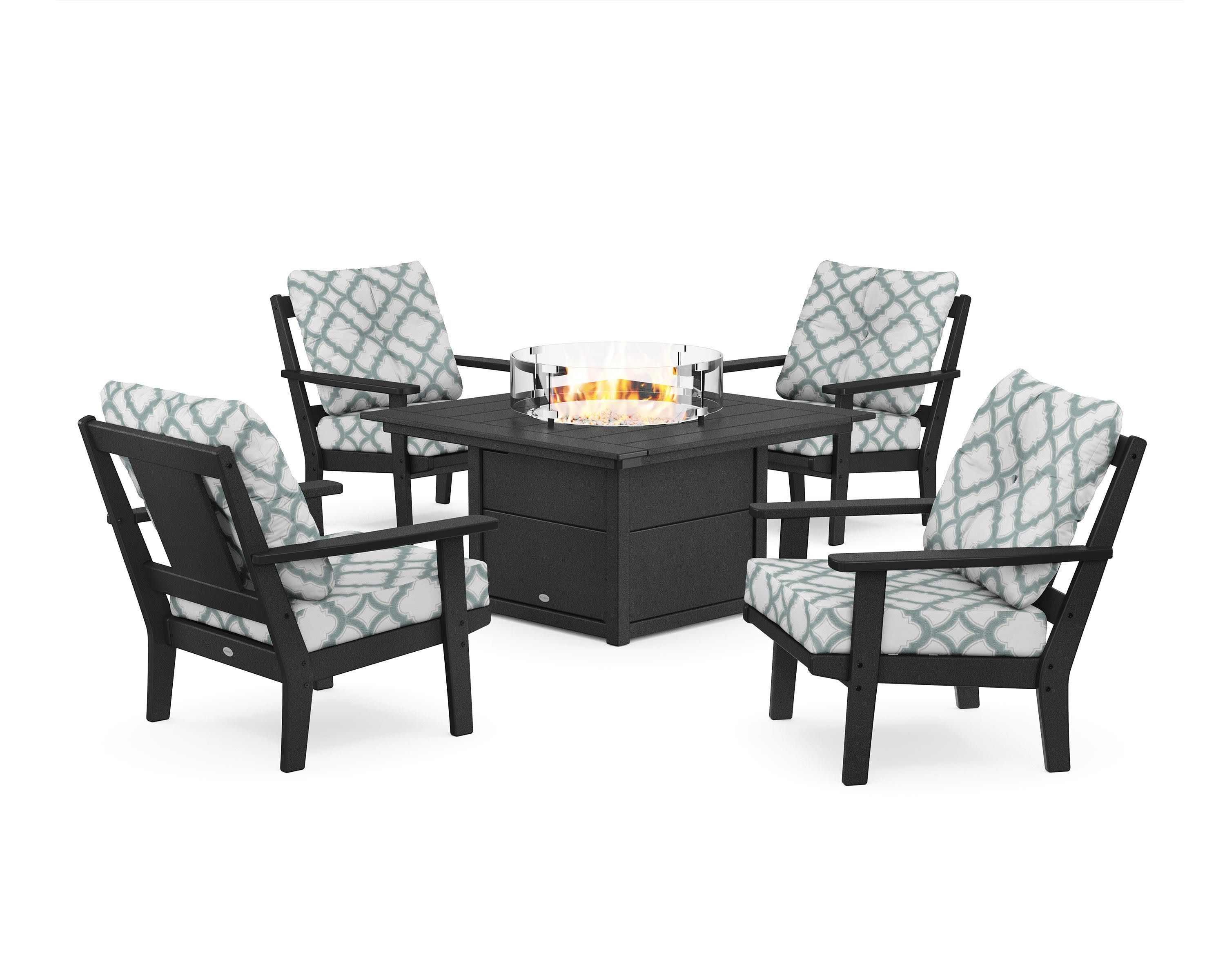 Prairie 5-Piece Deep Seating Set with Fire Pit Table in Black / Trellis Glacier Spa