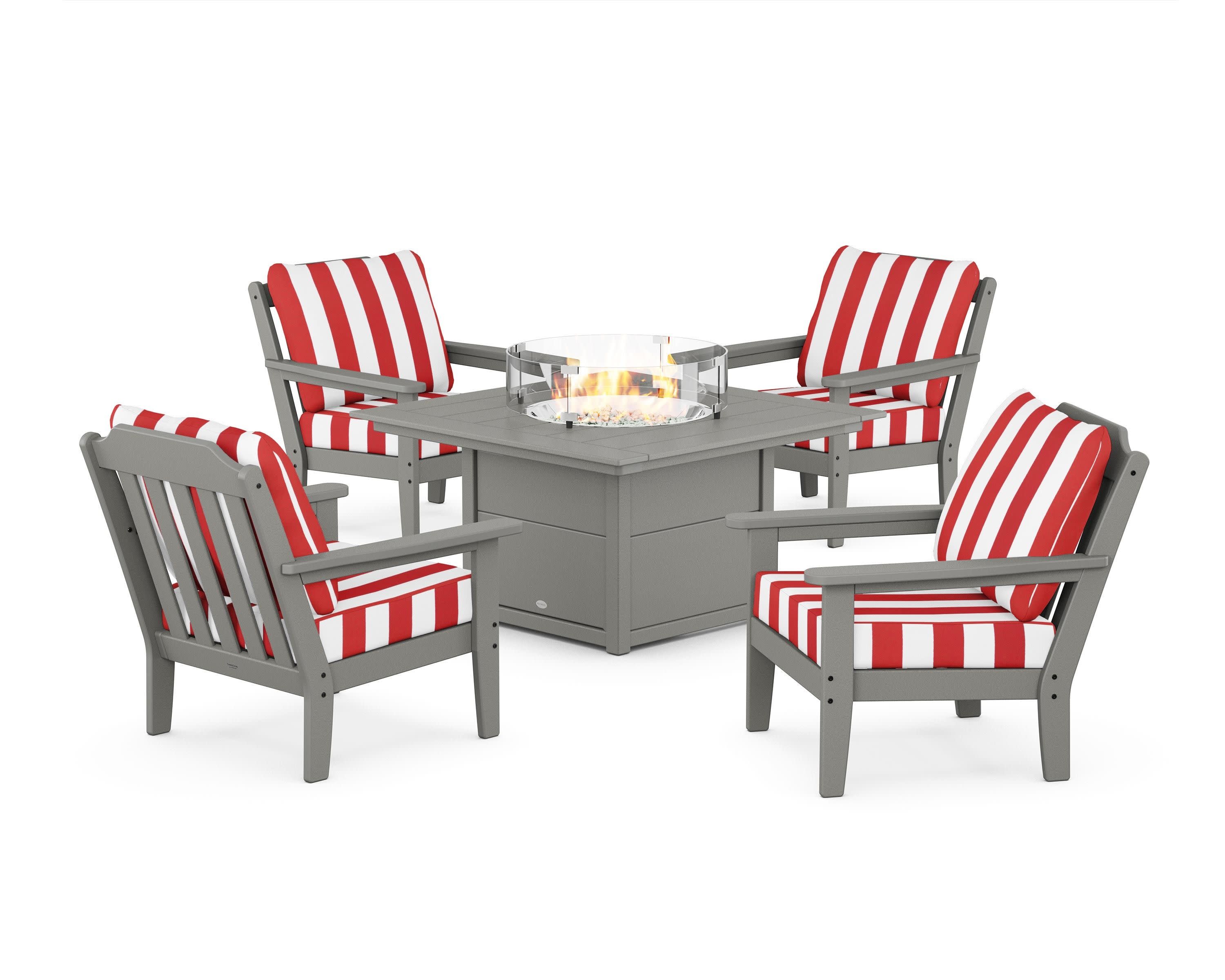 Cottage 5-Piece Deep Seating Set with Fire Pit Table in Slate Grey / Cabana Stripe Crimson