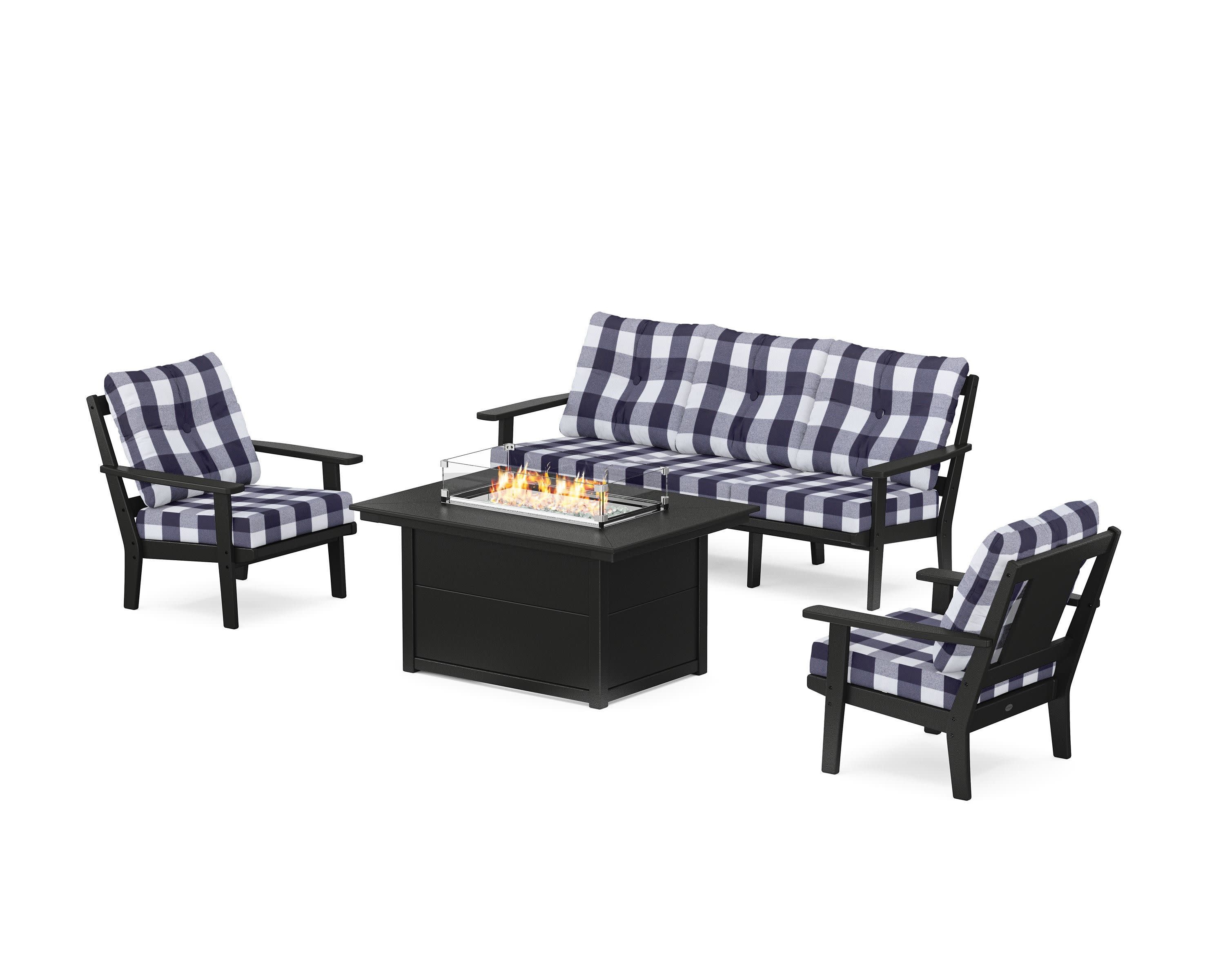 Prairie Deep Seating Fire Pit Table Set in Black / Buffalo Plaid Navy
