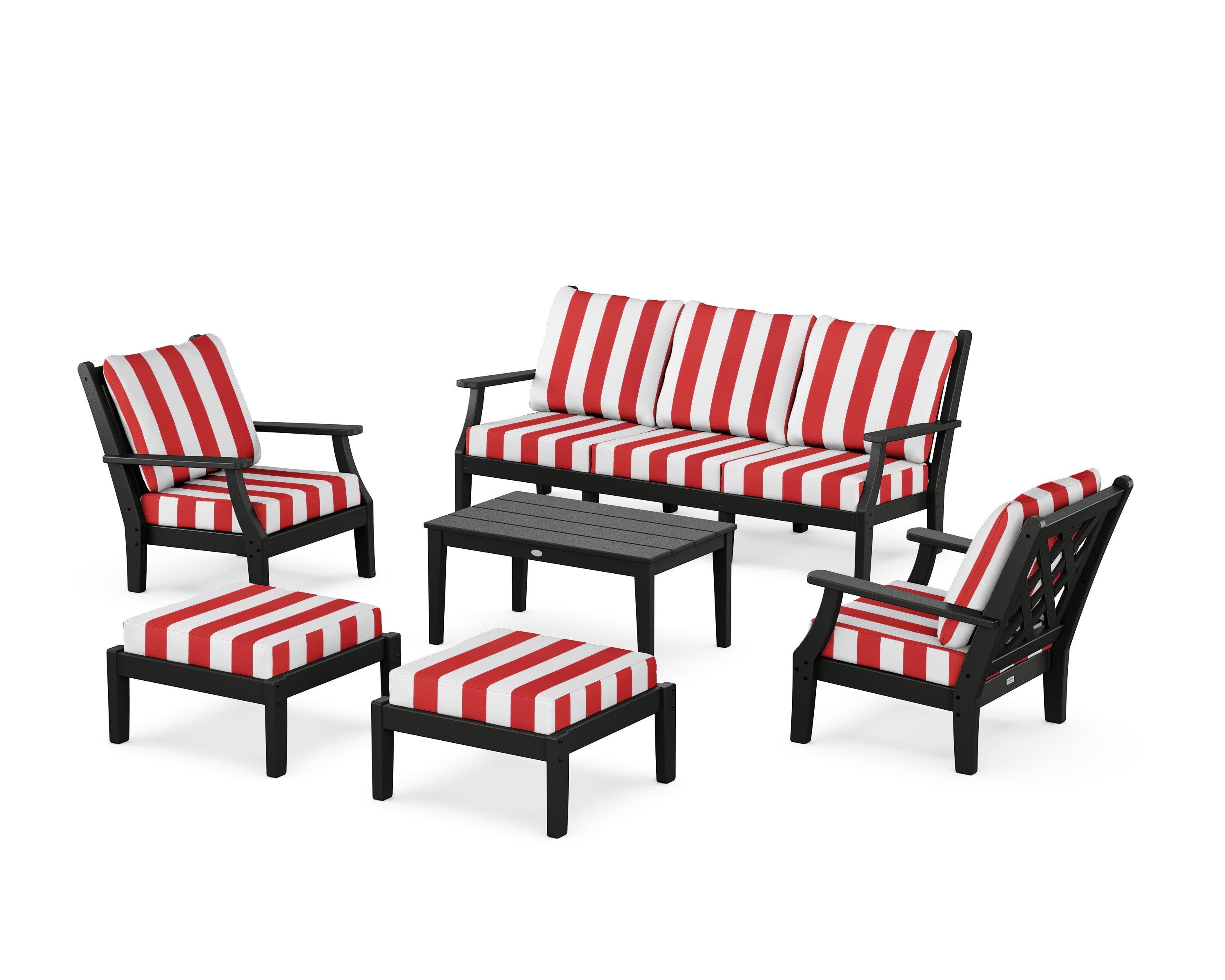 Wovendale 6-Piece Lounge Sofa Set in Black / Cabana Stripe Crimson