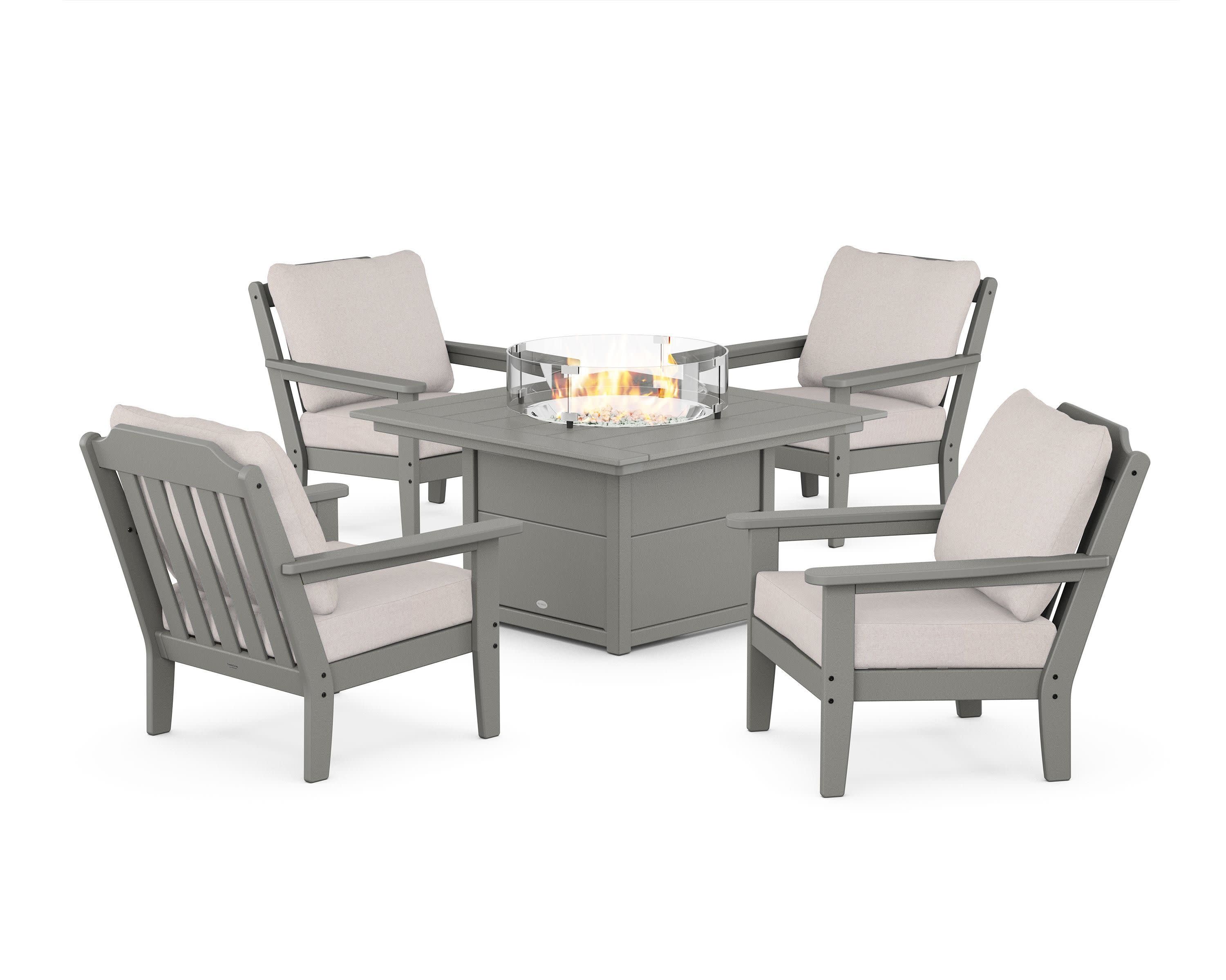 Cottage 5-Piece Deep Seating Set with Fire Pit Table in Slate Grey / Dune Burlap