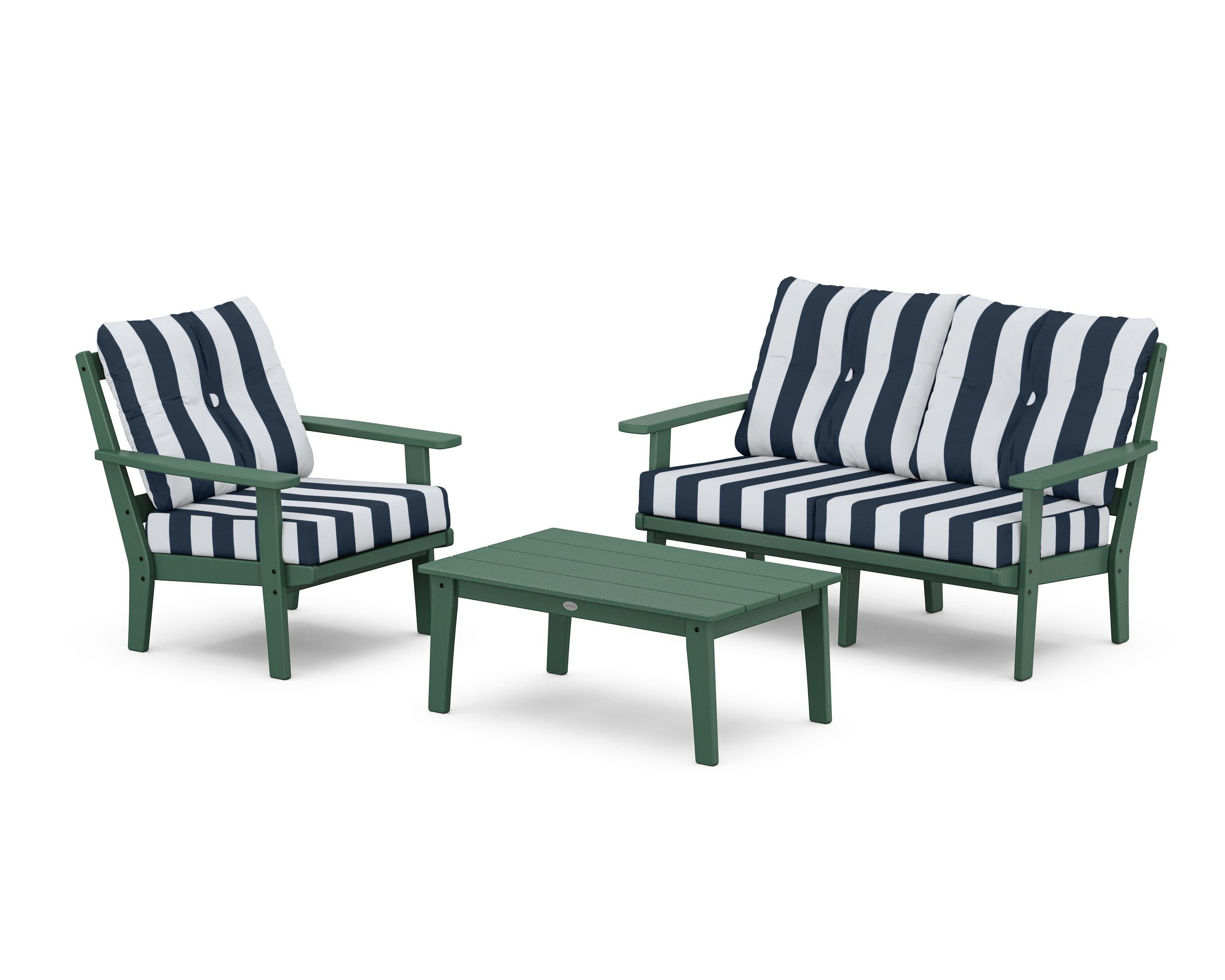 Prairie 3-Piece Deep Seating Set with Loveseat in Green / Cabana Stripe Marine Indigo