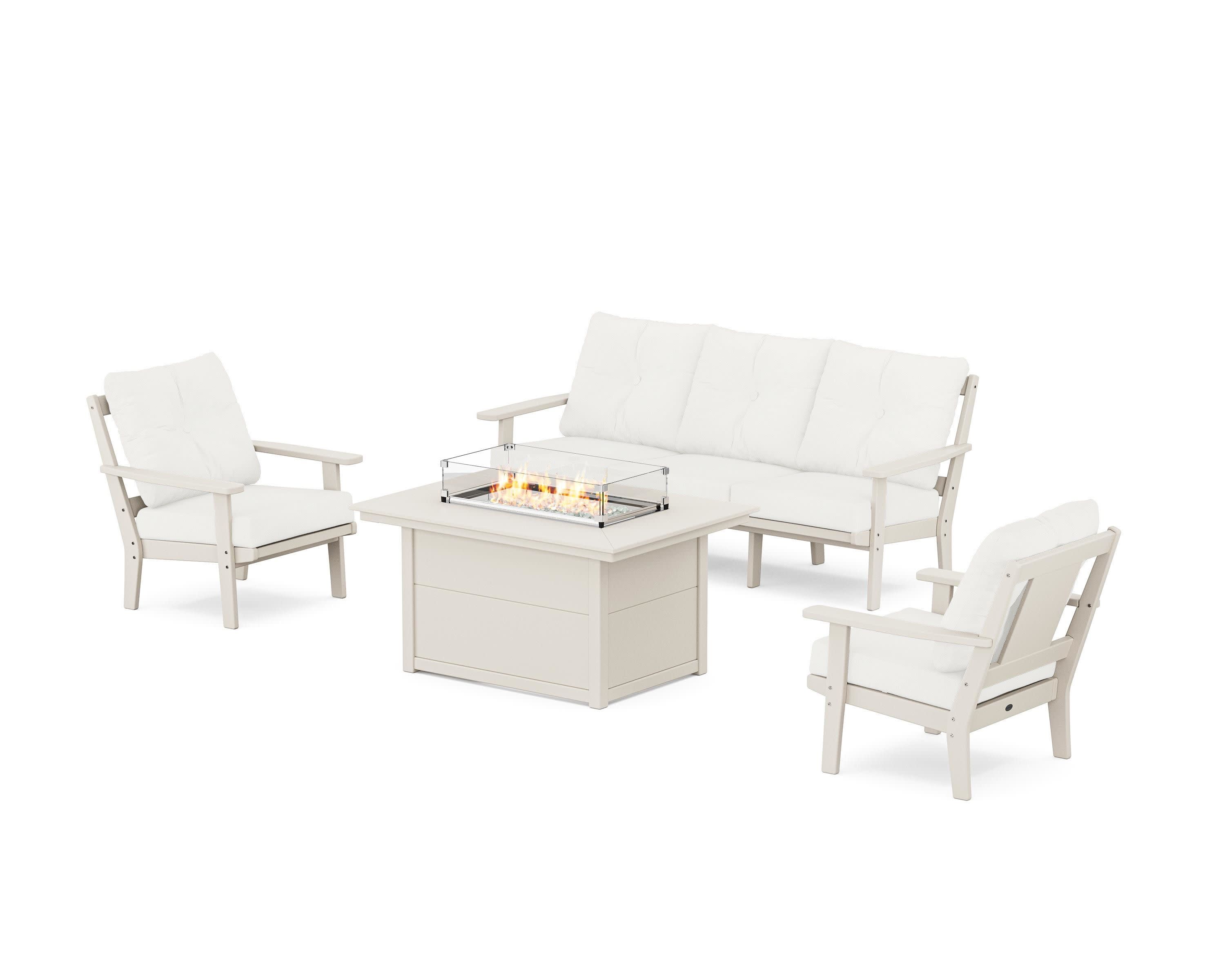Prairie Deep Seating Fire Pit Table Set in Sand / Natural Linen