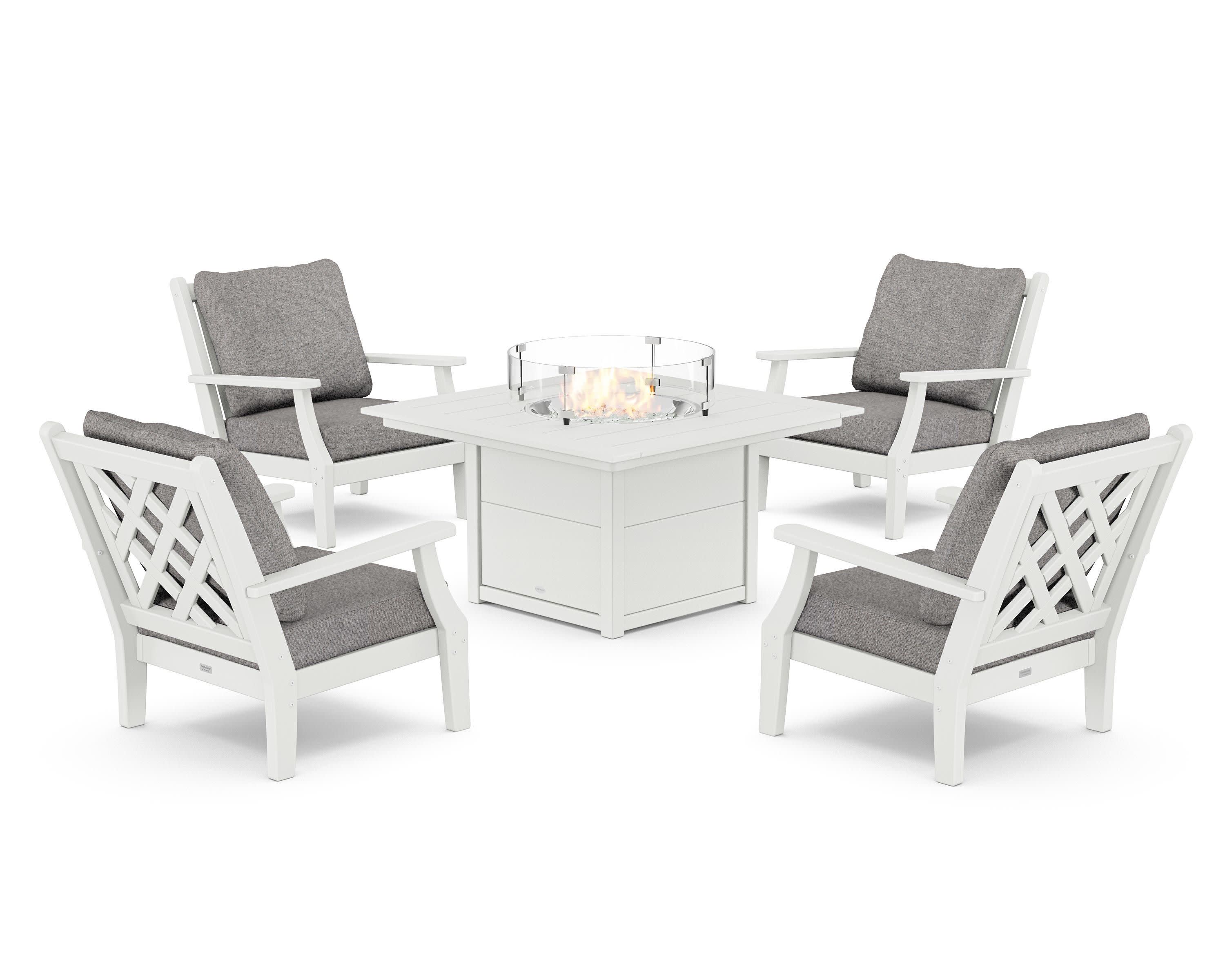 Wovendale 5-Piece Deep Seating Set with Fire Pit Table in White / Grey Mist